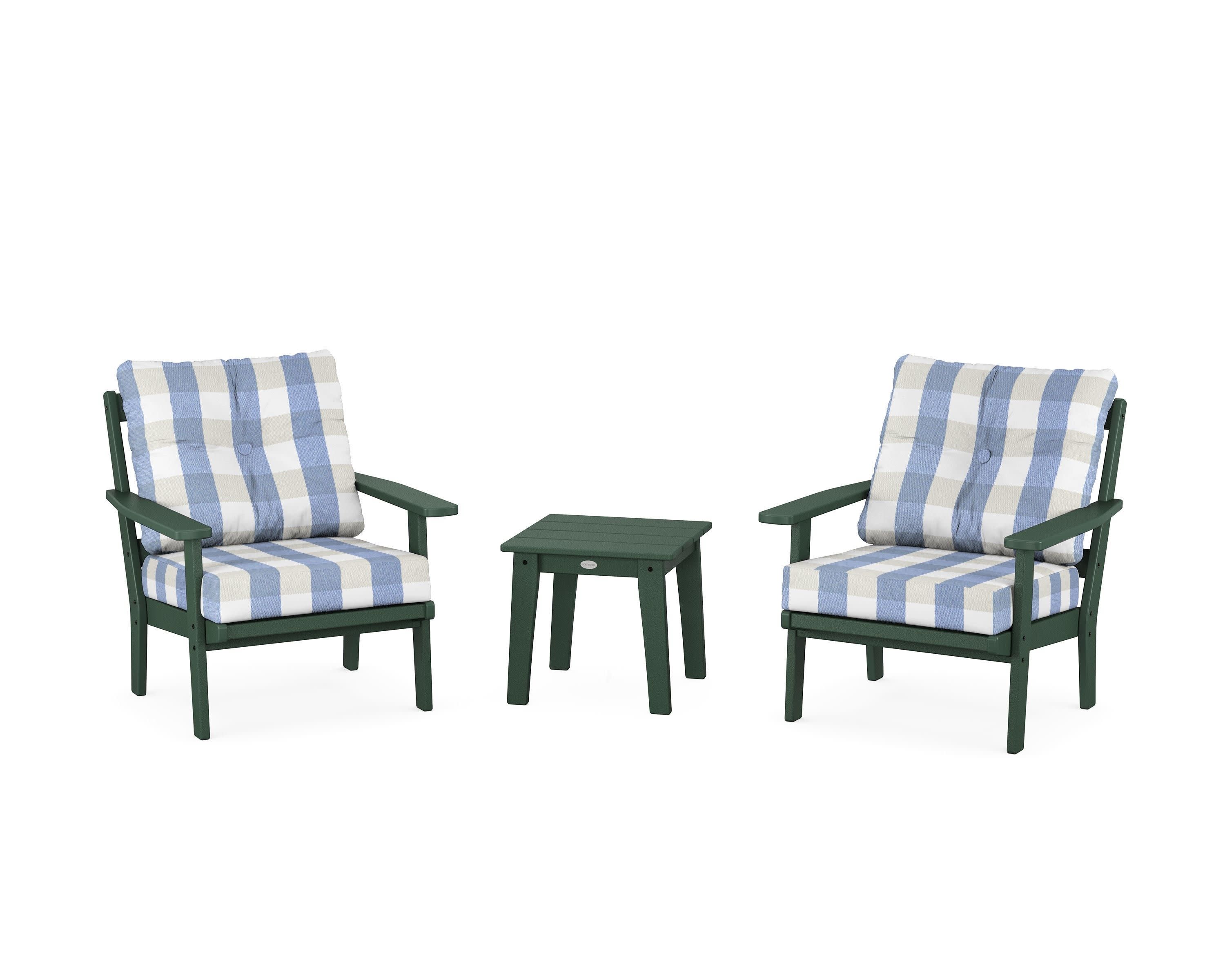 Oxford 3-Piece Deep Seating Set in Green / Buffalo Plaid Sky Blue