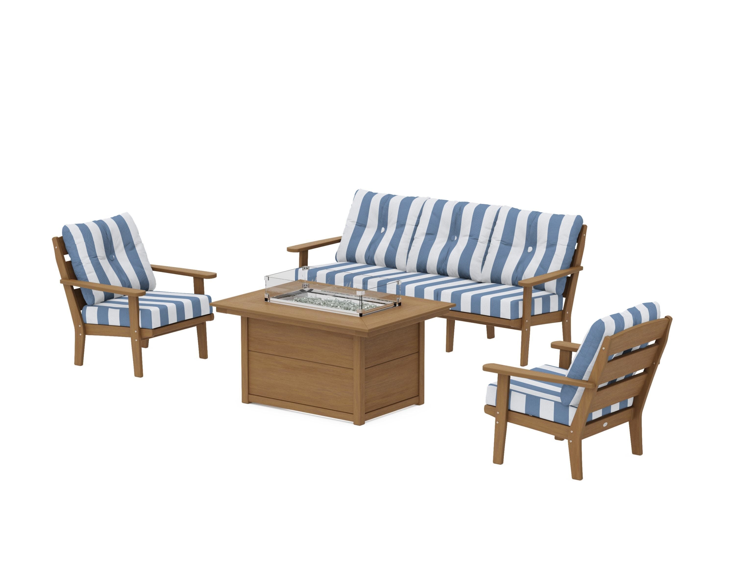 Lakeside Deep Seating Fire Pit Table Set in Natural / Cabana Stripe Sky Blue
