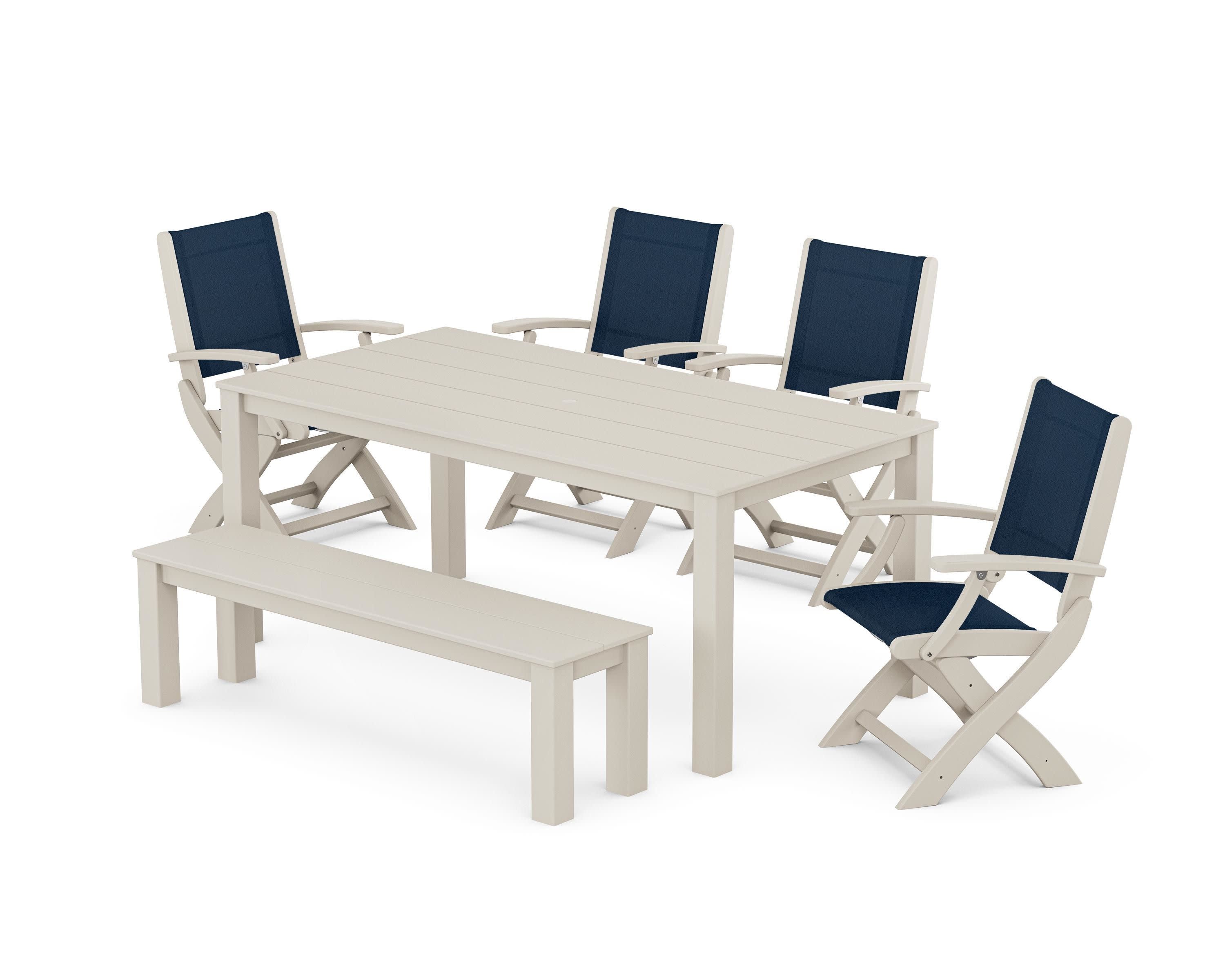 Coastal Folding Chair 6-Piece Parsons Dining Set with Bench in Sand / Navy Blue Sling