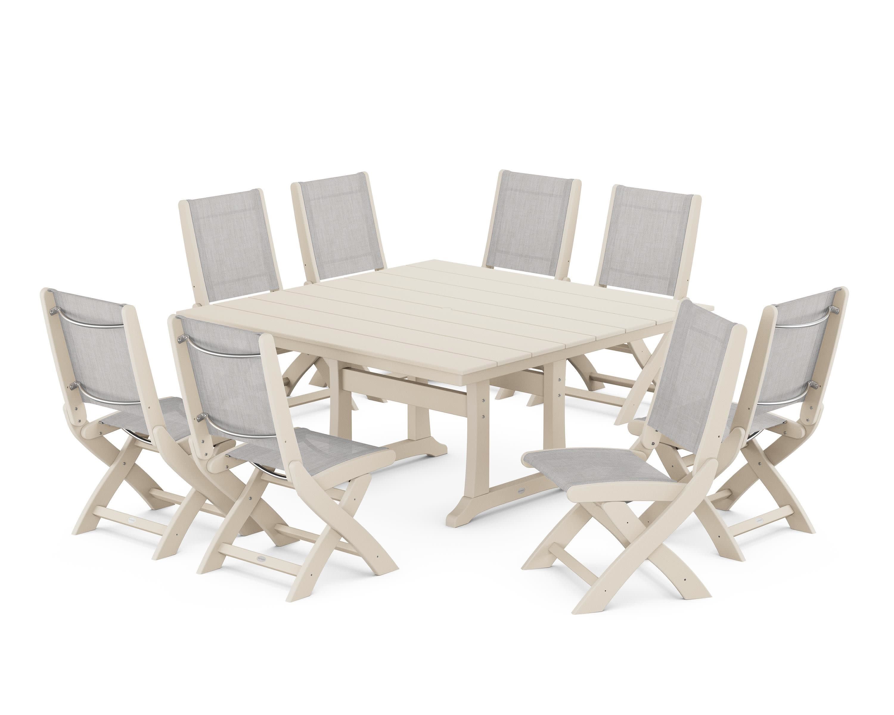 Coastal Folding Side Chair 9-Piece Farmhouse Dining Set in Sand / Parchment Sling