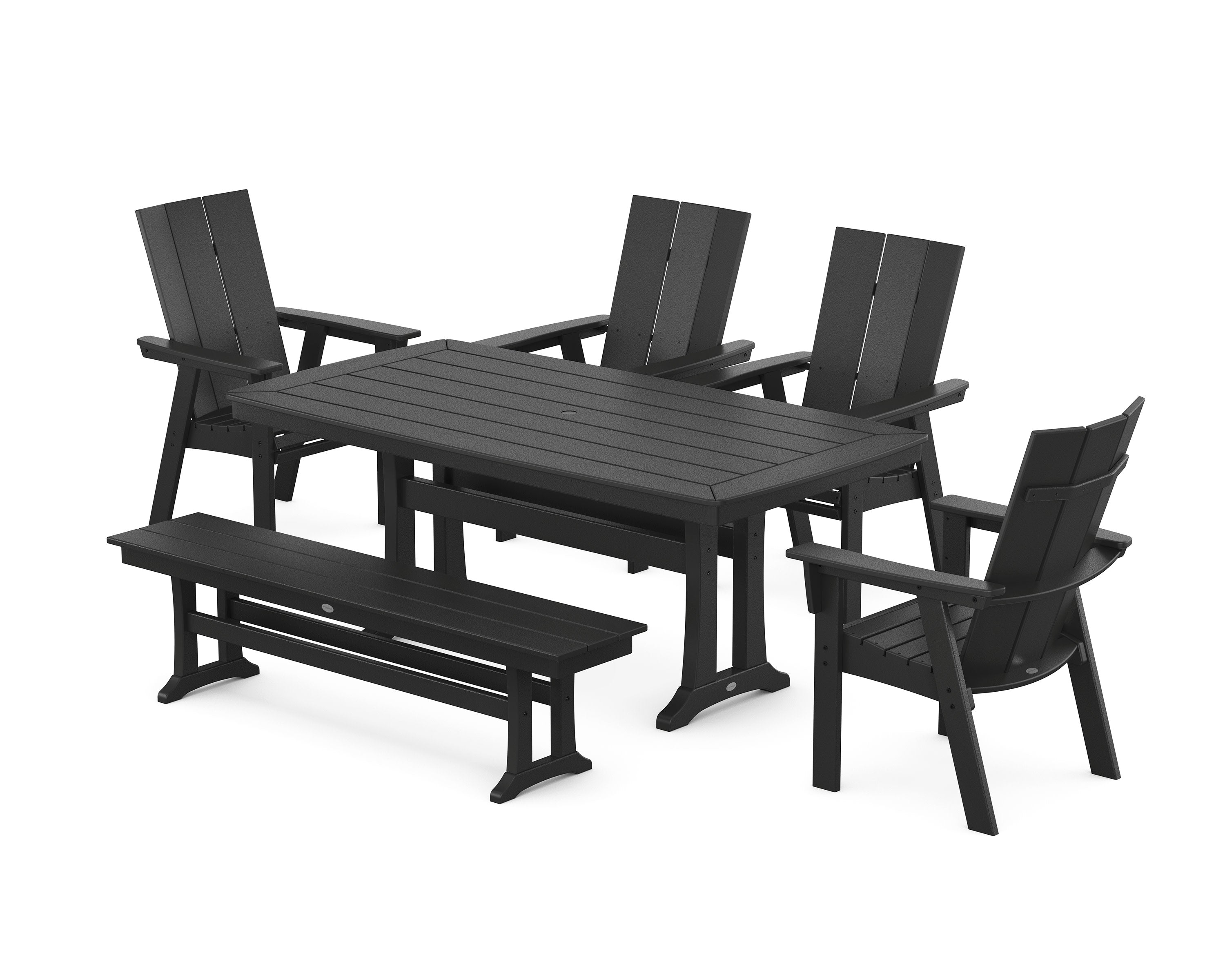 Modern Curveback Adirondack 6-Piece Farmhouse Dining Set with Trestle Legs and Bench in Black