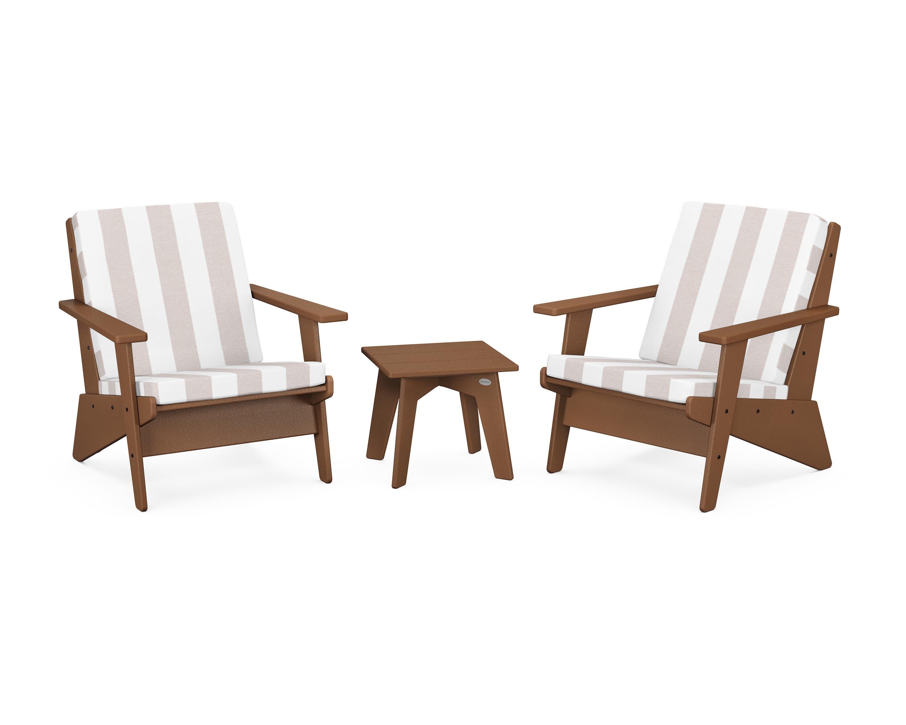 Riviera Modern Lounge 3-Piece Set in Teak / Cabana Stripe Dune Burlap