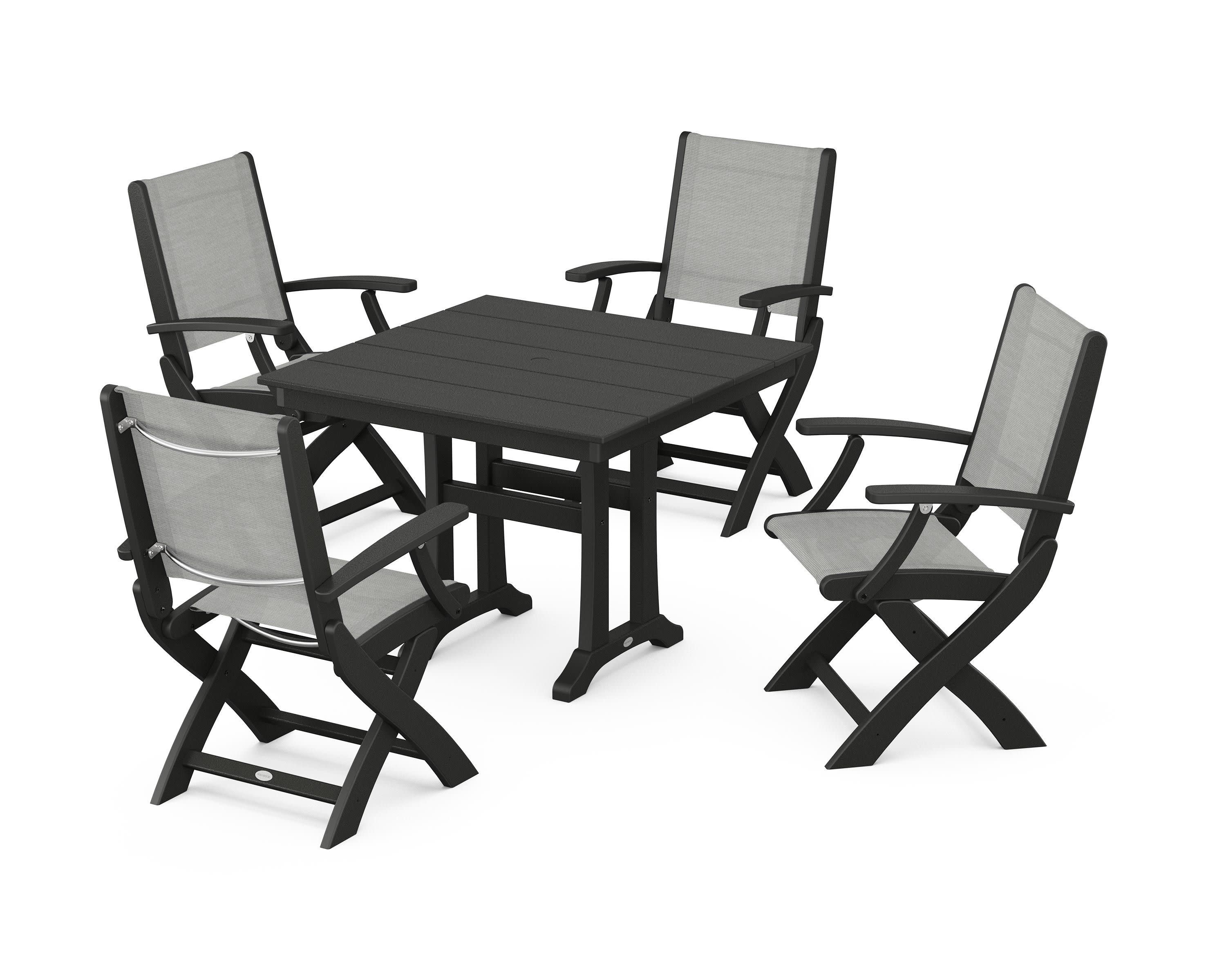 Coastal Folding Chair 5-Piece Farmhouse Dining Set With Trestle Legs in Black / Metallic Sling
