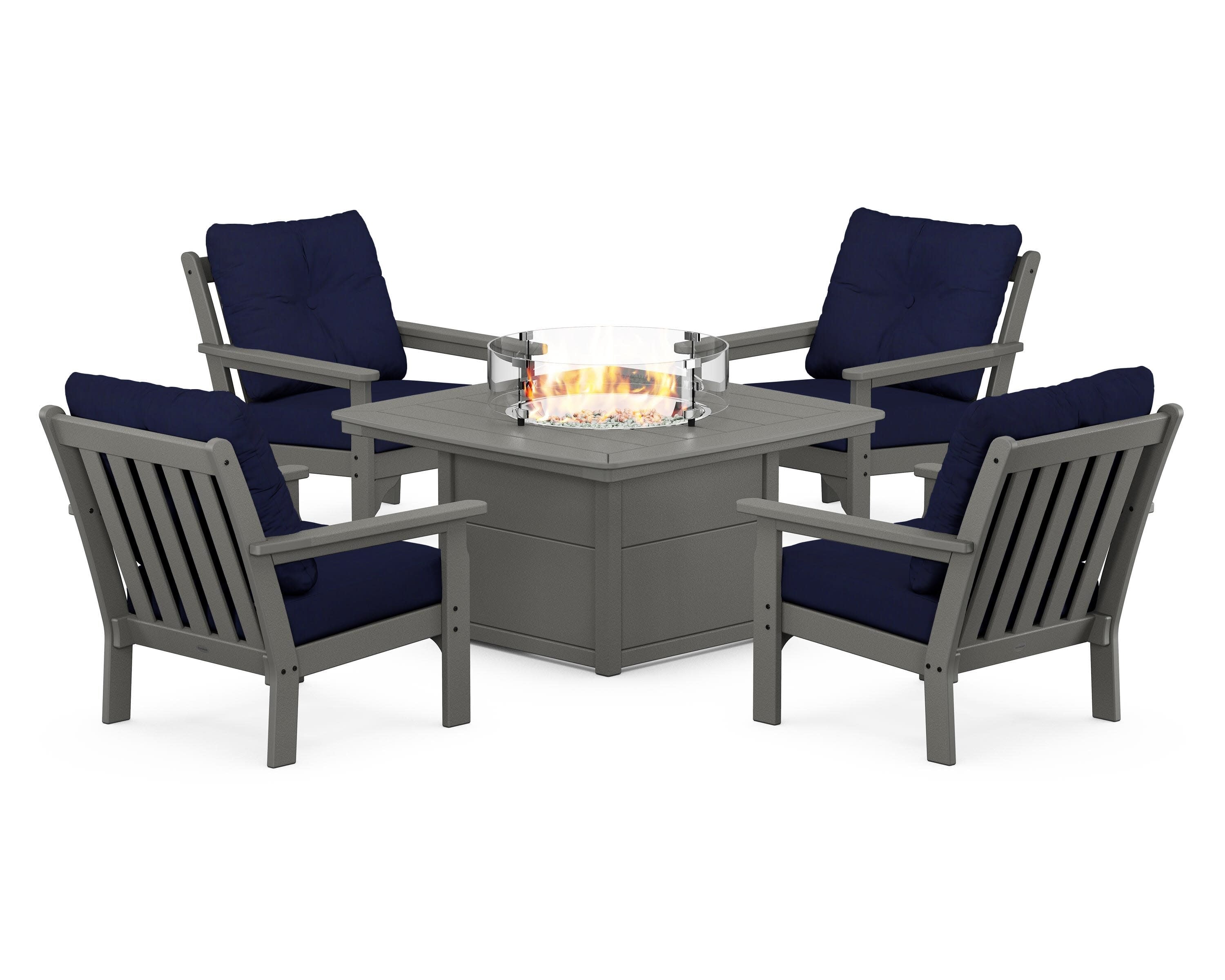 Vineyard 5-Piece Conversation Set with Fire Pit Table in Slate Grey / Navy