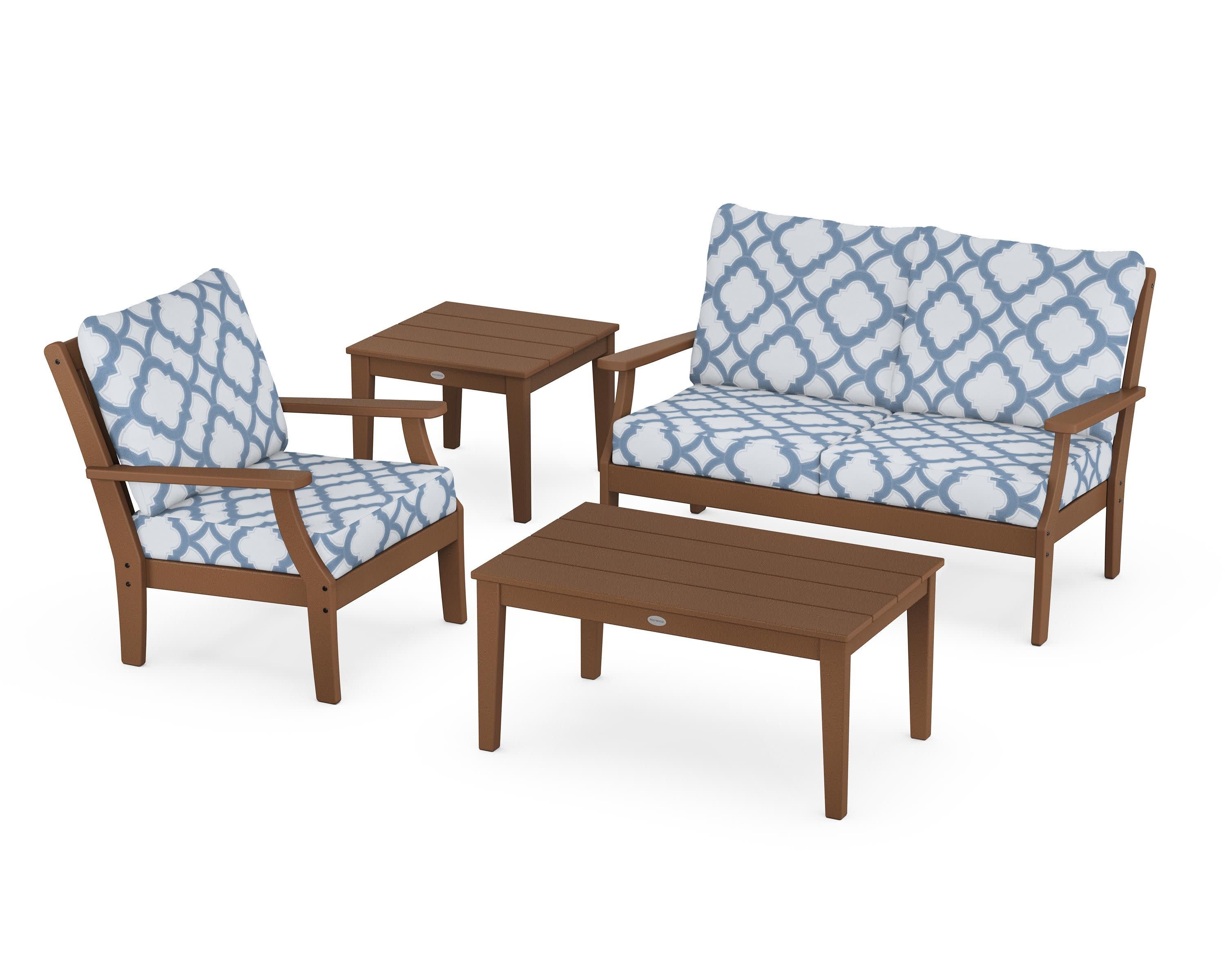 Braxton 4-Piece Deep Seating Set in Teak / Trellis Sky Blue