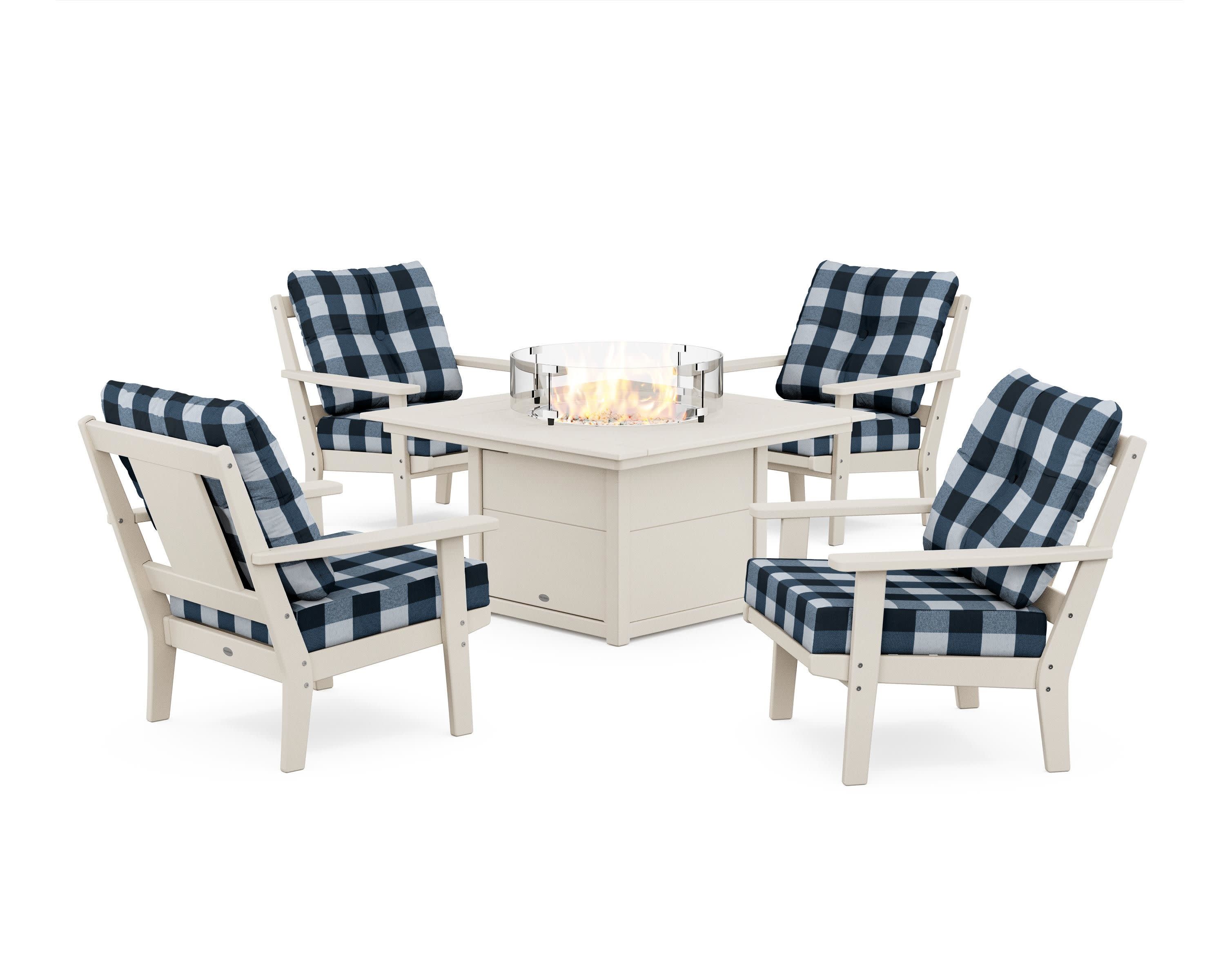 Prairie 5-Piece Deep Seating Set with Fire Pit Table in Sand / Buffalo Plaid Marine Indigo