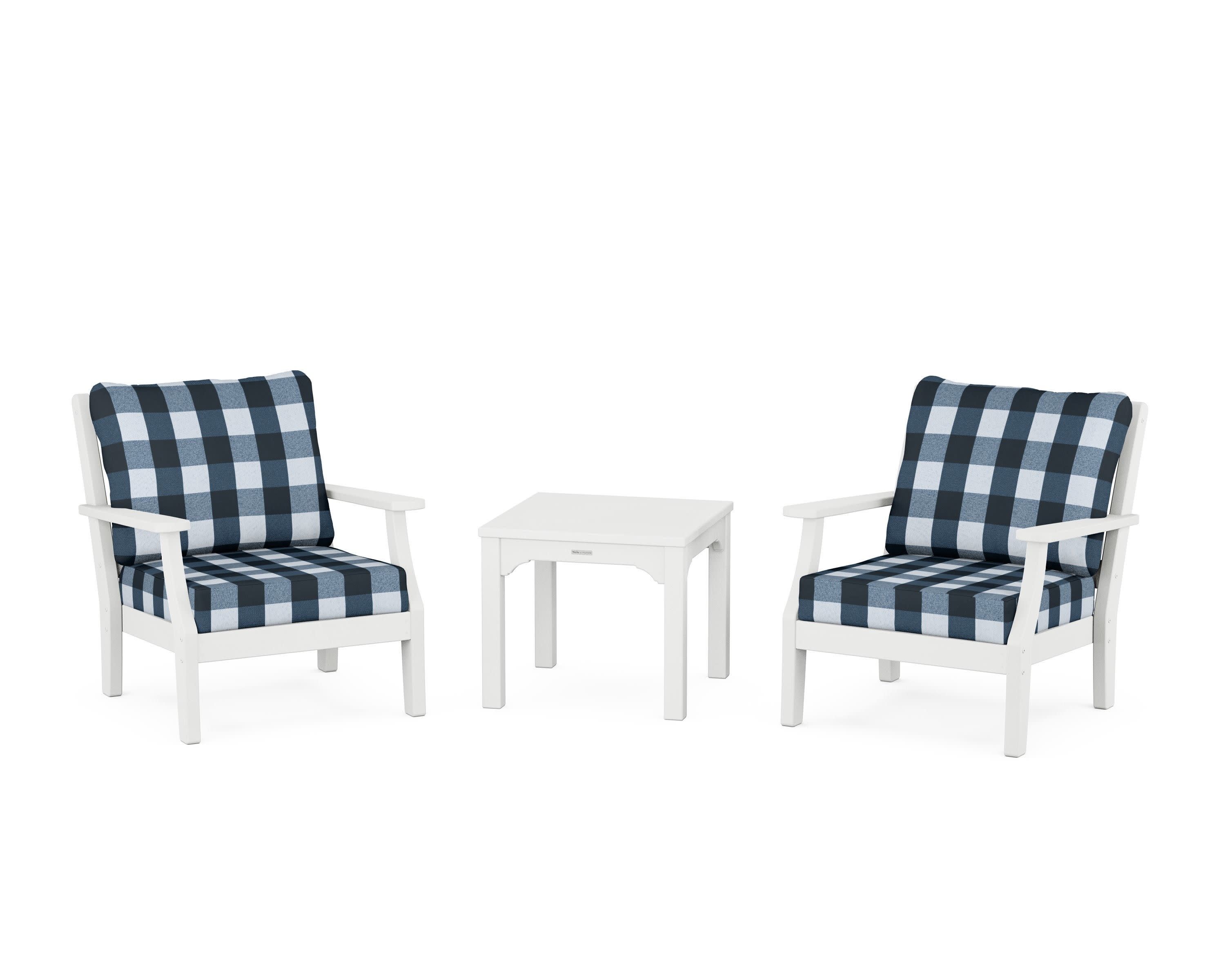 Chinoiserie 3-Piece Deep Seating Set in White / Buffalo Plaid Marine Indigo