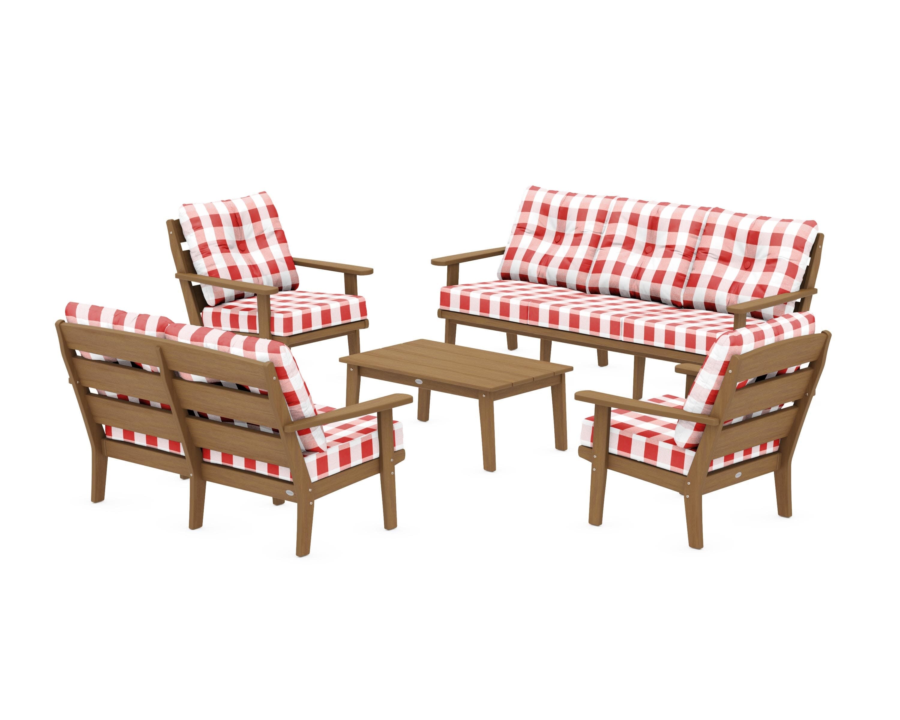 Lakeside 5-Piece Lounge Sofa Set in Natural / Buffalo Plaid Crimson