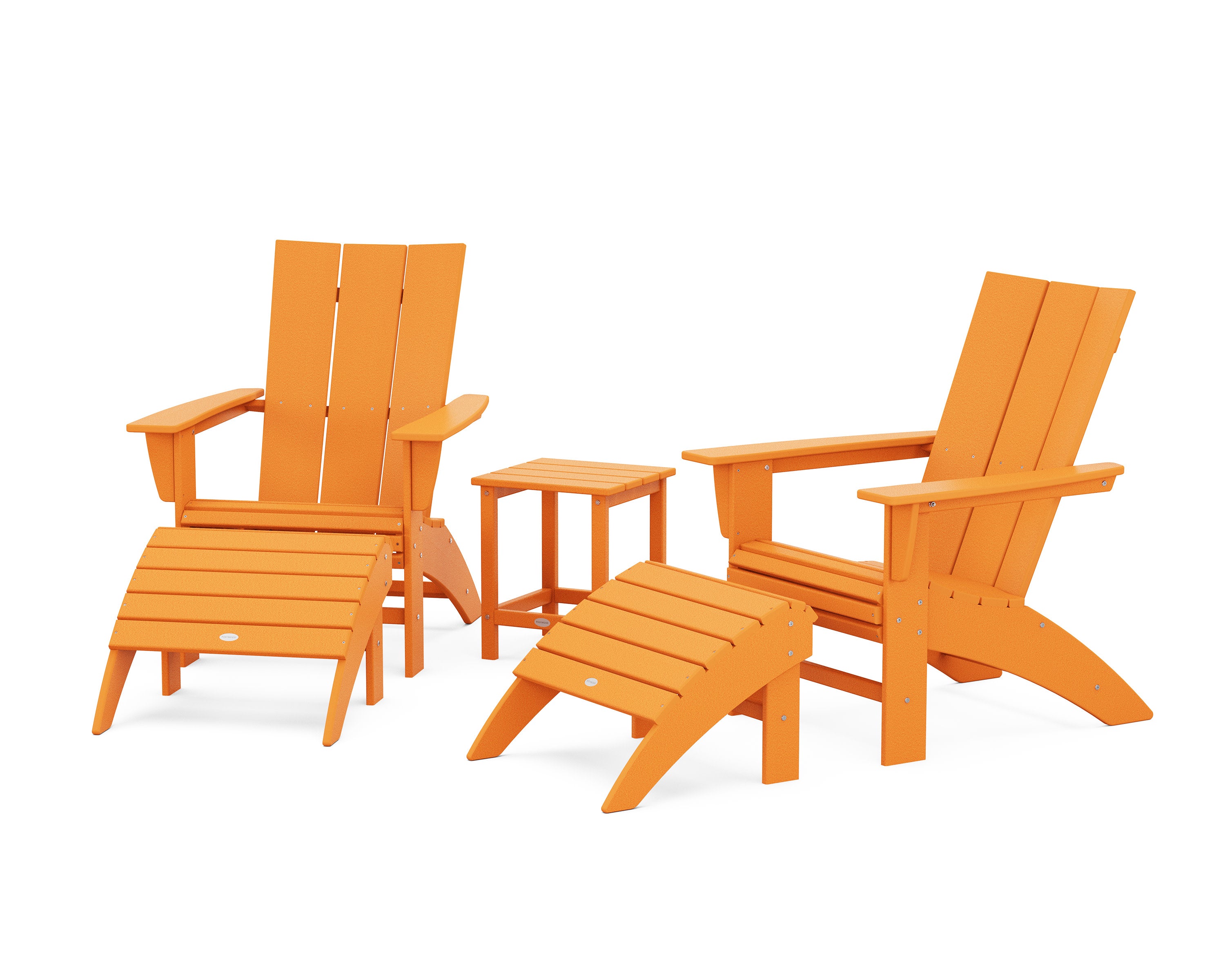 Modern Curveback Adirondack Chair 5-Piece Set with Ottomans and 18" Side Table in Tangerine