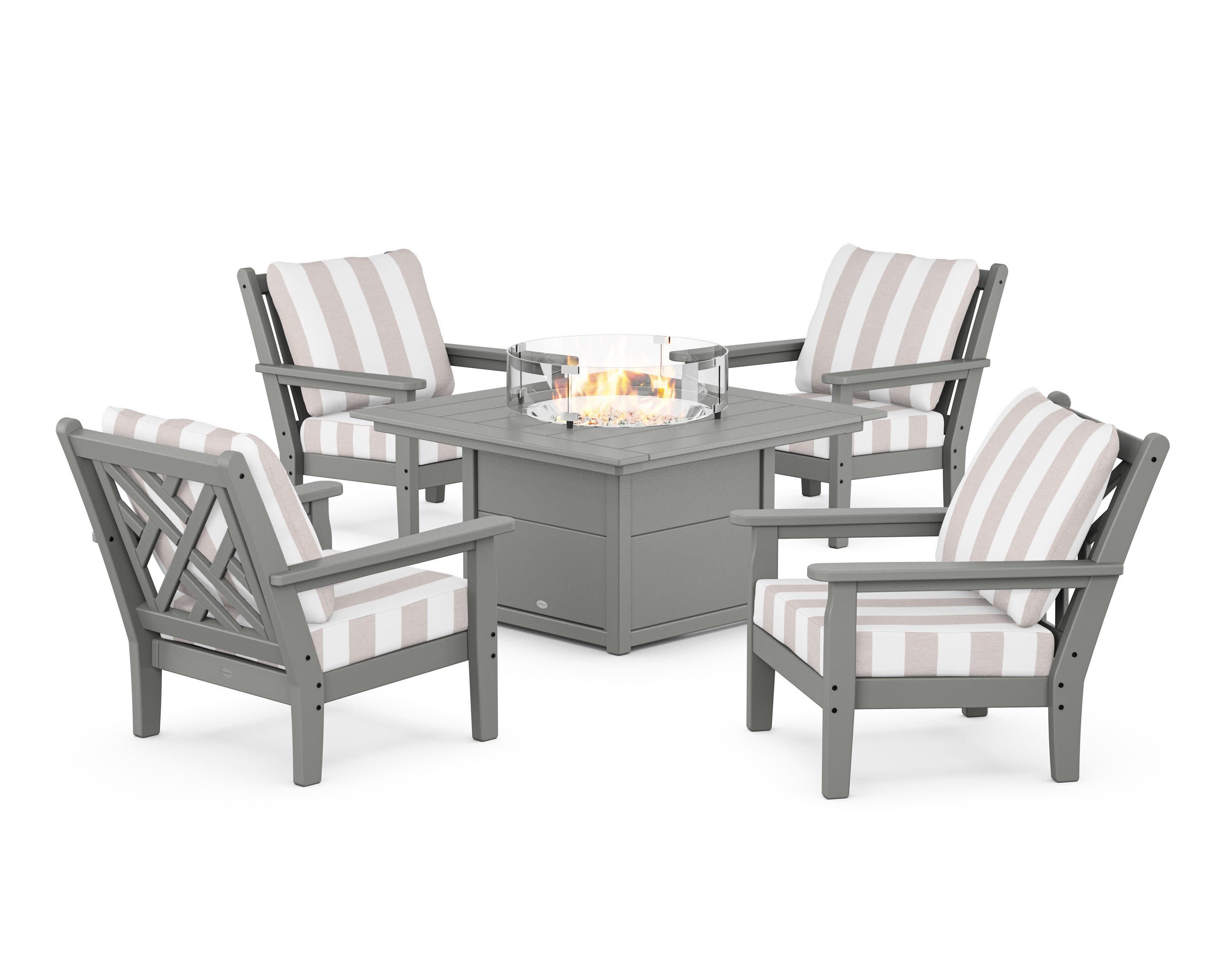 Chippendale 5-Piece Deep Seating Set with Fire Pit Table in Slate Grey / Cabana Stripe Dune Burlap