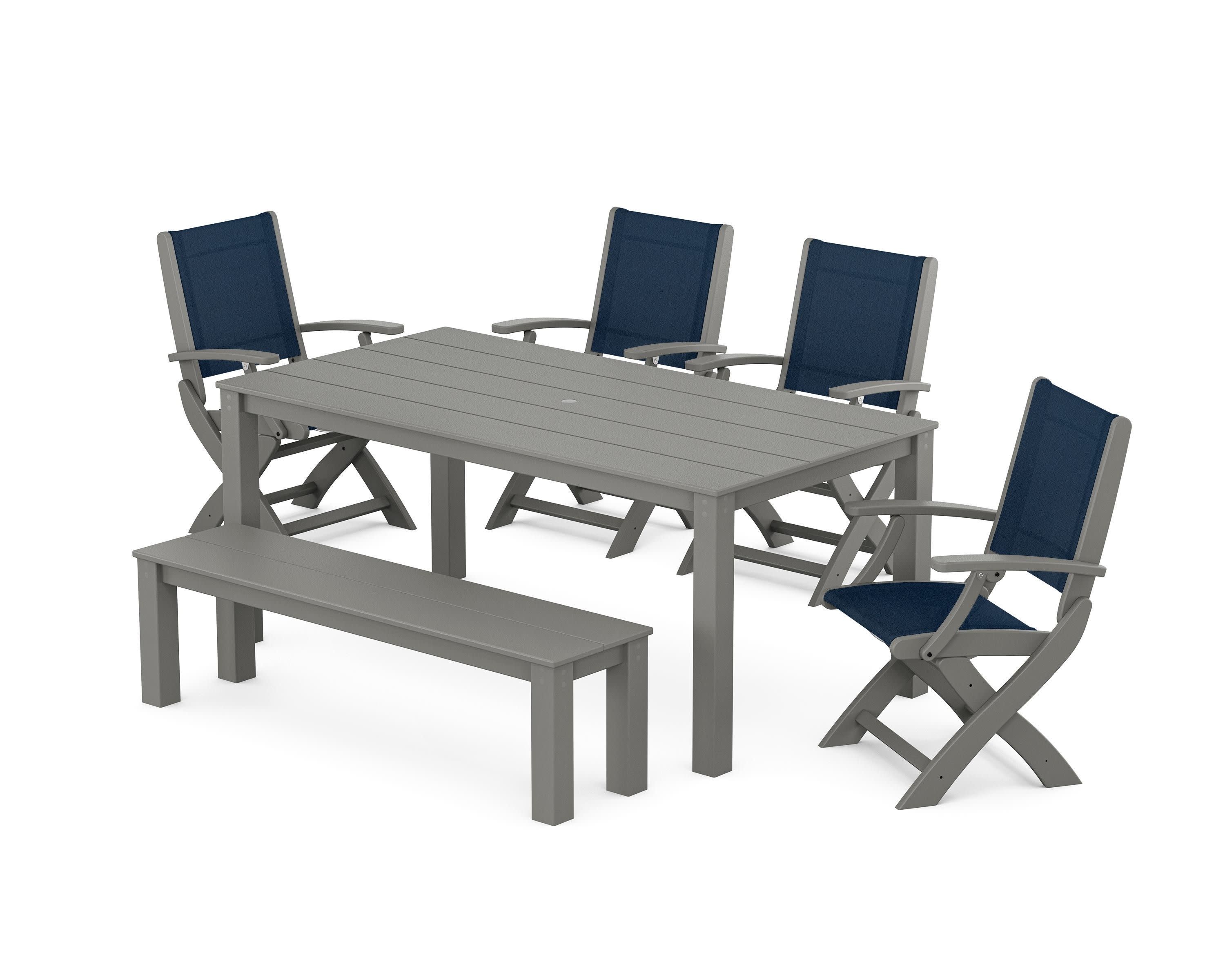 Coastal Folding Chair 6-Piece Parsons Dining Set with Bench in Slate Grey / Navy Blue Sling