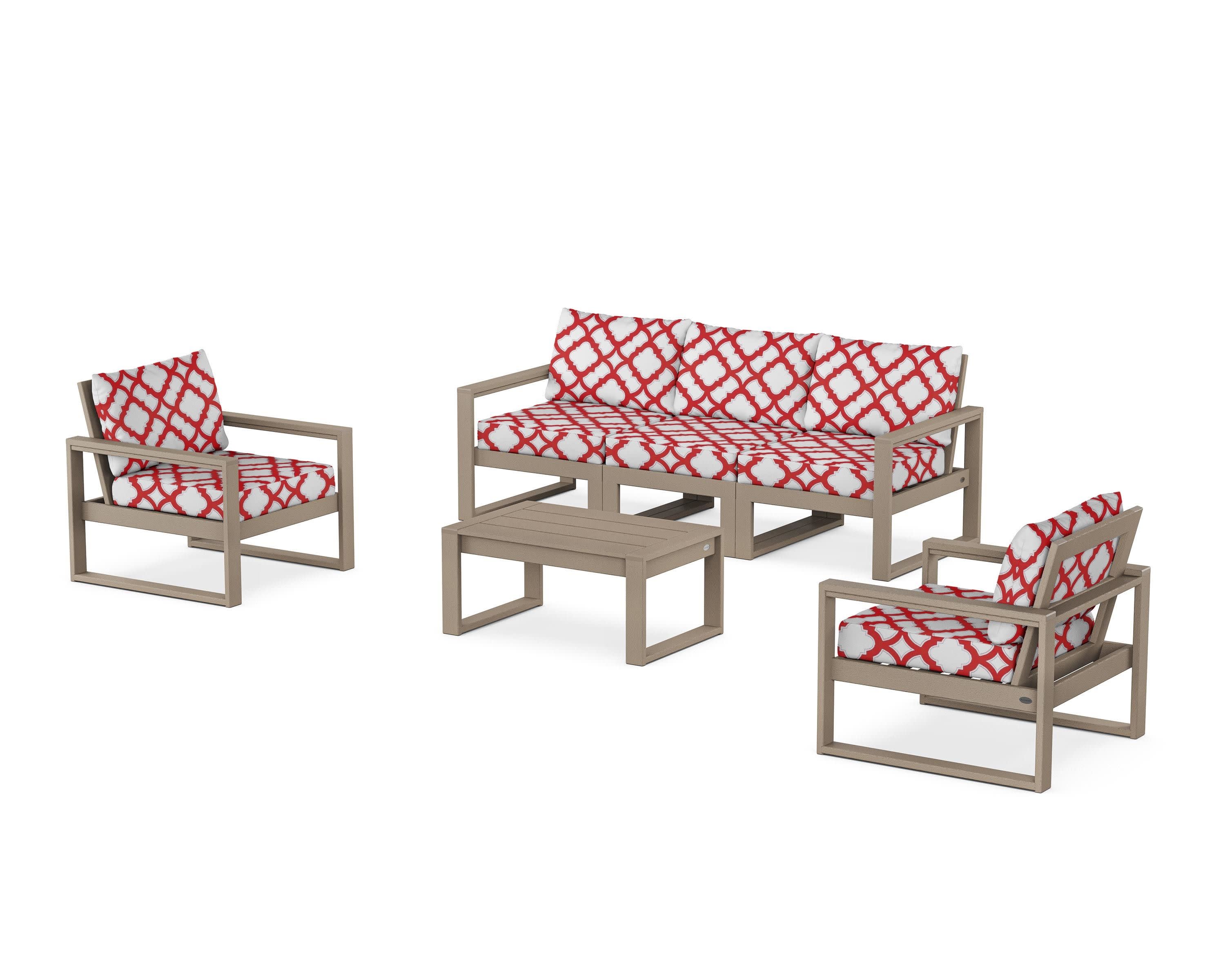 EDGE Sectional 4-Piece Deep Seating Set with Sofa in Vintage Sahara / Trellis Crimson