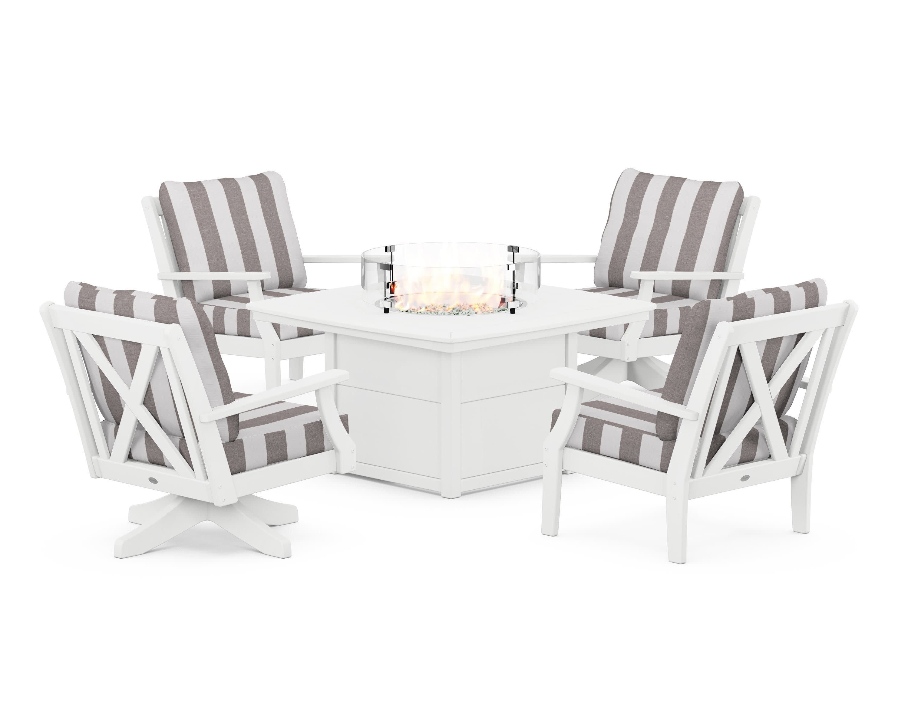 Braxton 5-Piece Deep Seating Set with Fire Table in White / Cabana Stripe Grey Mist
