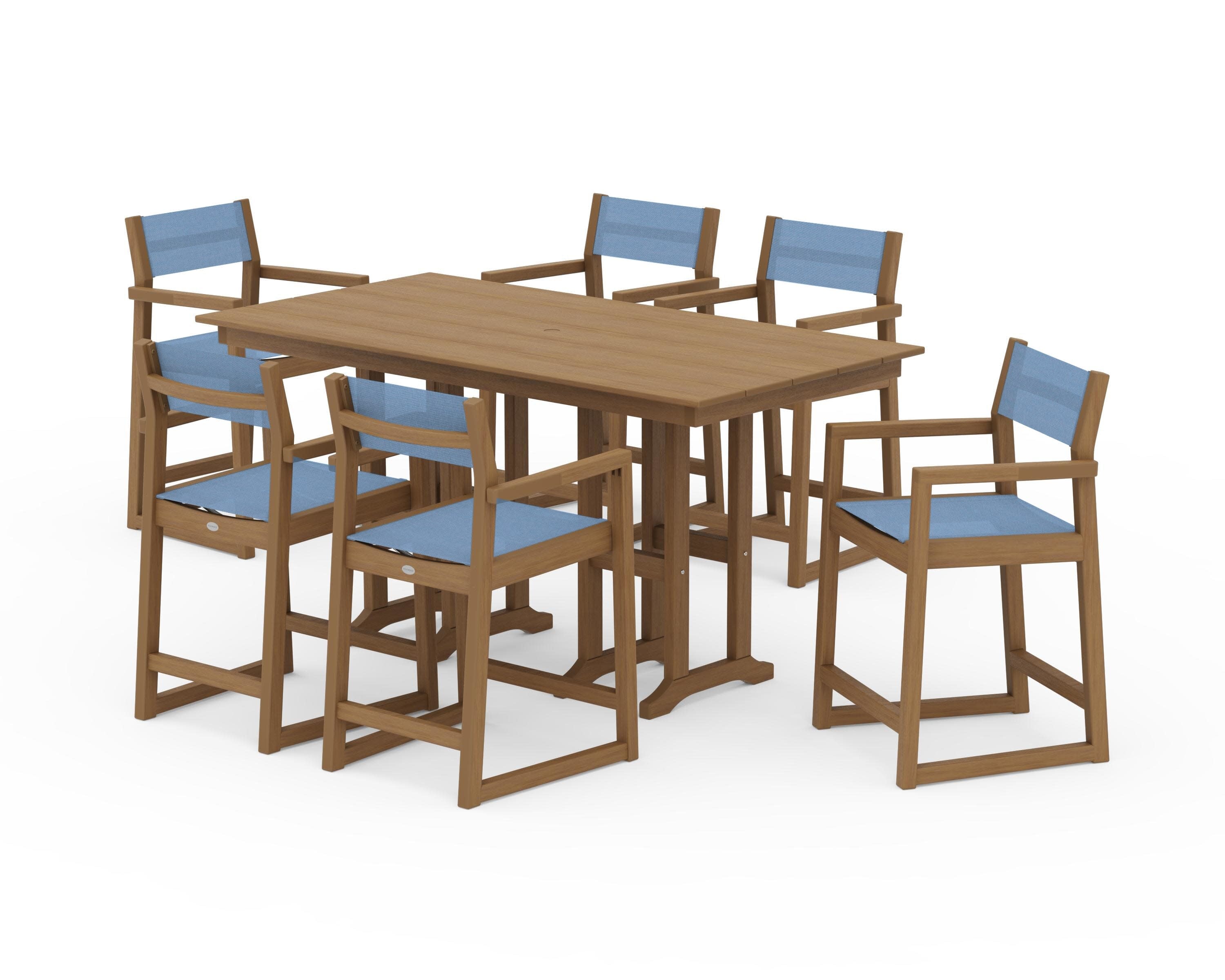EDGE Sling Arm Chair 7-Piece Farmhouse Counter Set in Natural / Poolside Sling