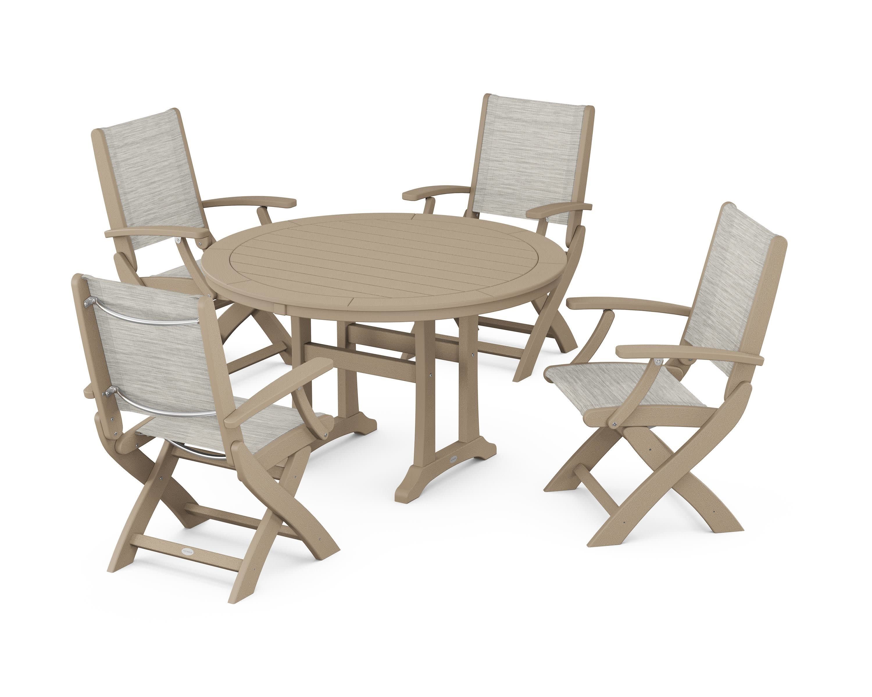 Coastal Folding Chair 5-Piece Round Dining Set with Trestle Legs in Vintage Sahara / Birch Sling