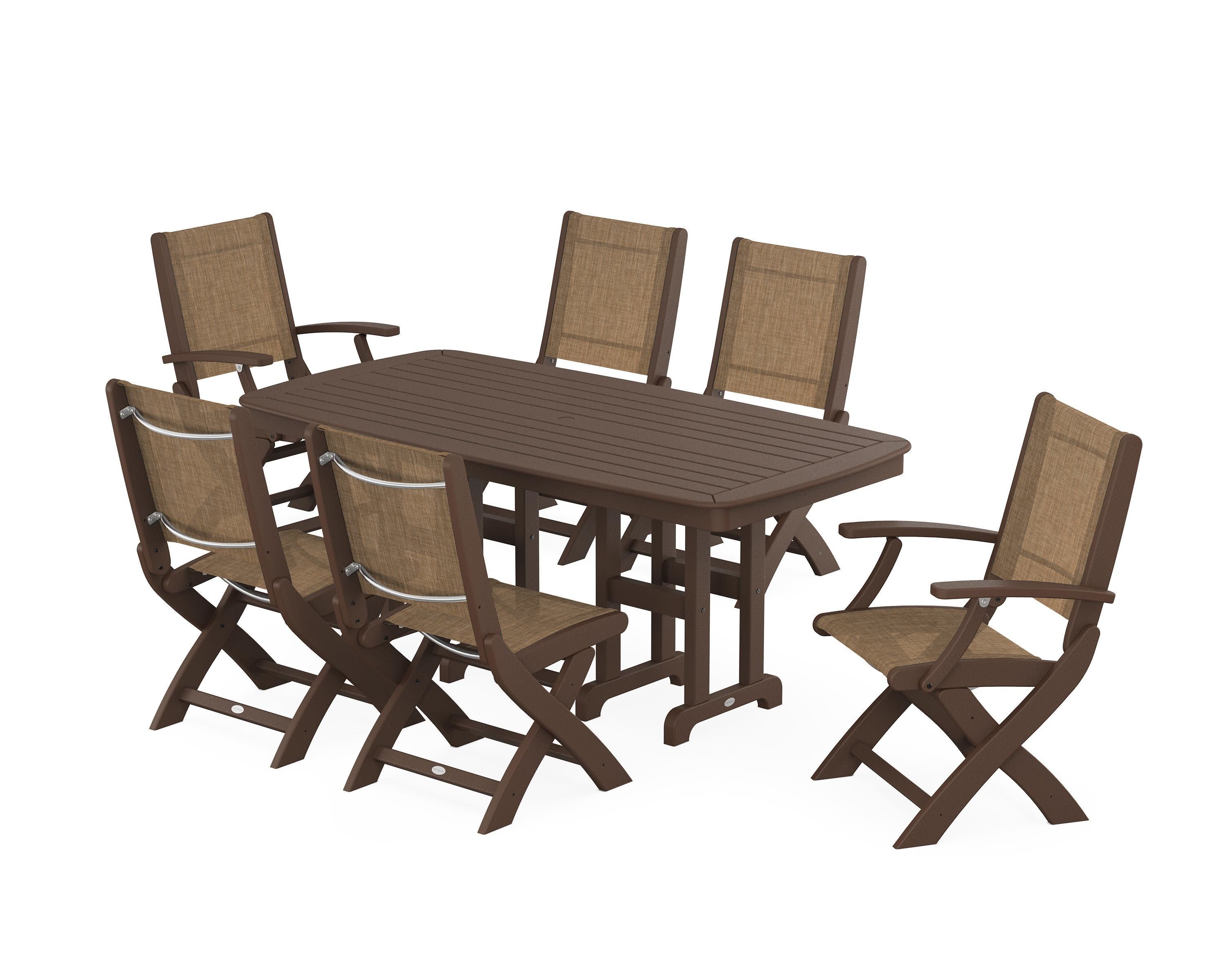 Coastal Folding Chair 7-Piece Dining Set in Mahogany / Burlap Sling