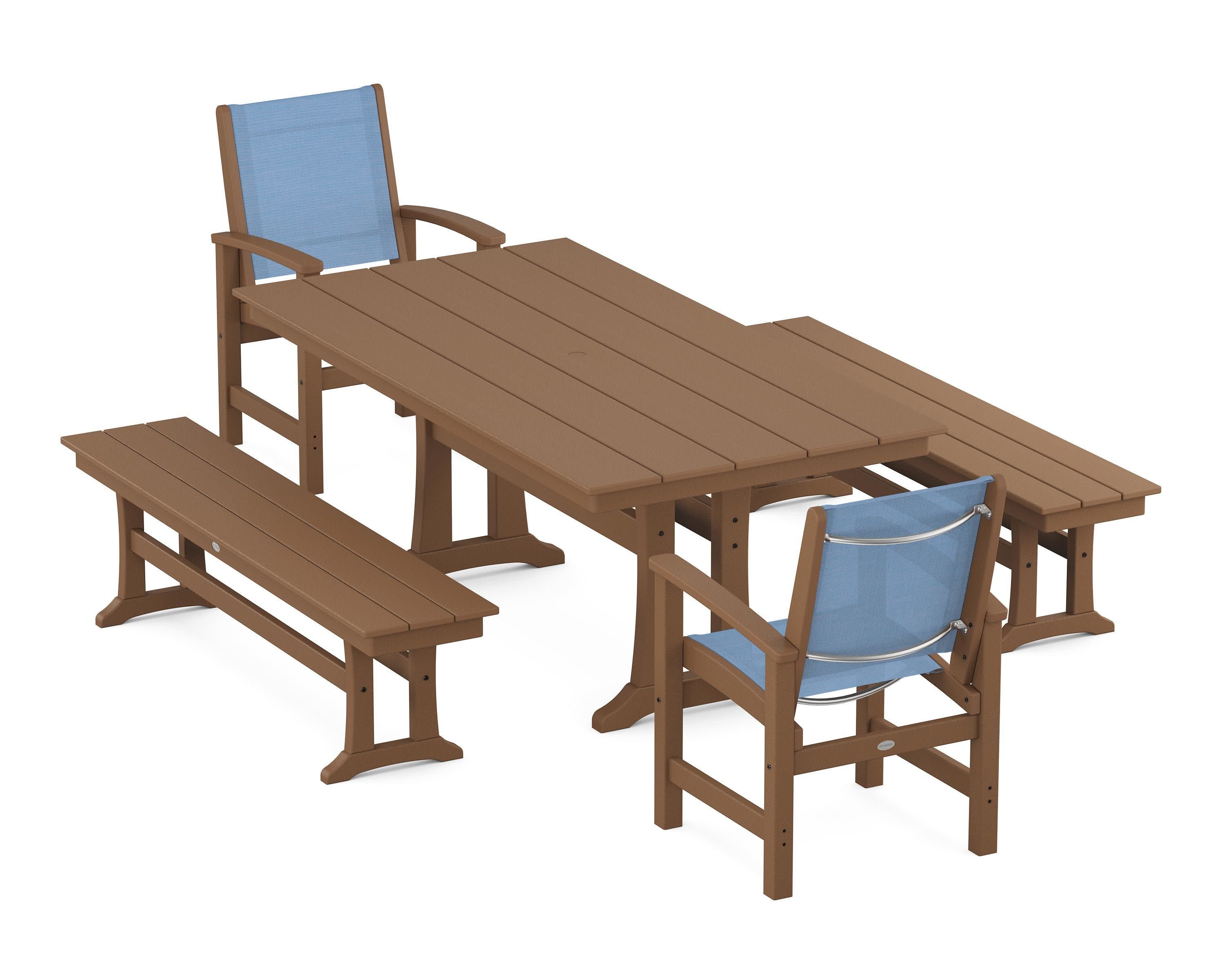 Coastal 5-Piece Farmhouse Dining Set with Trestle Legs and Benches in Teak / Poolside Sling