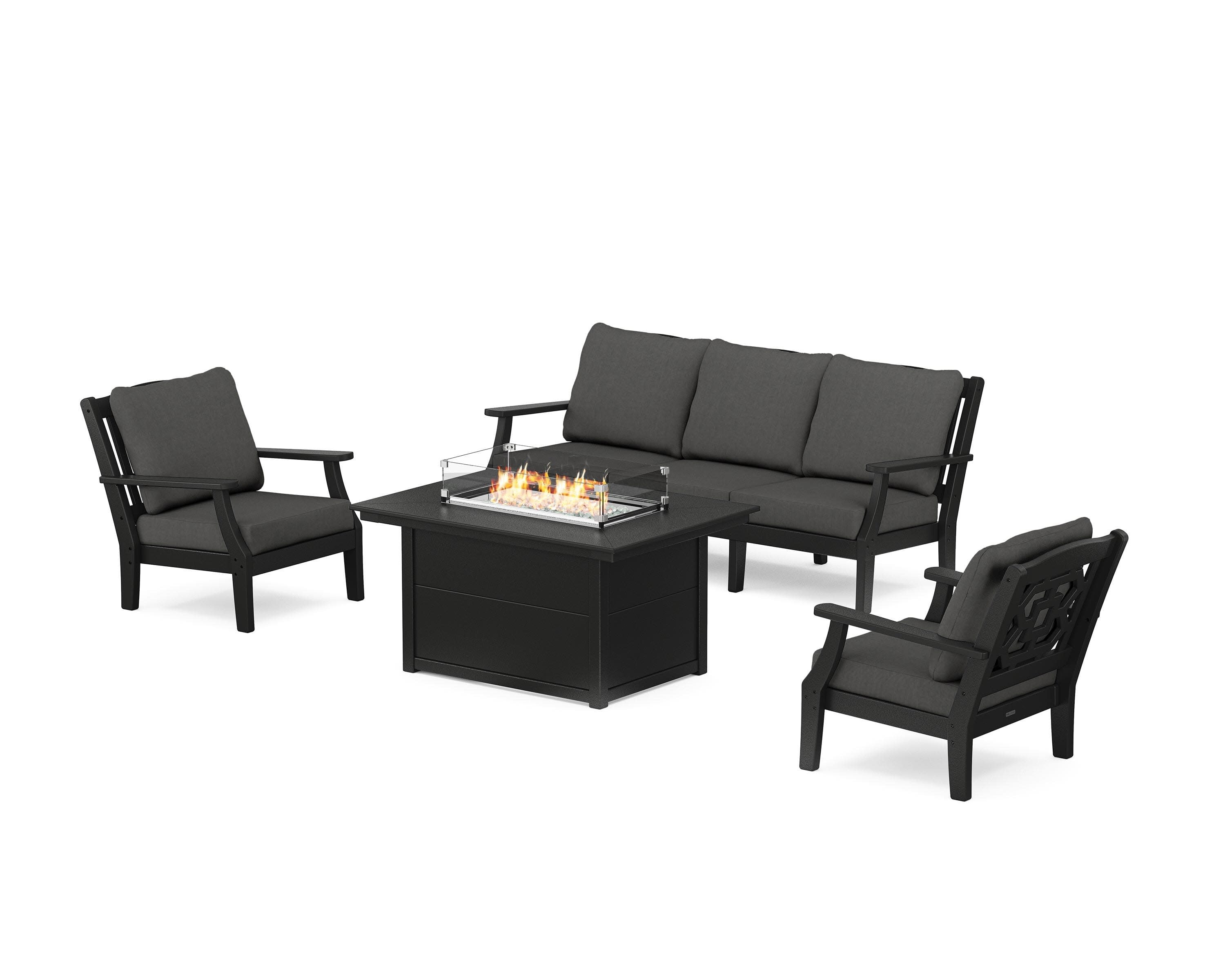 Chinoiserie Deep Seating Fire Pit Table Set in Black / Spectrum Carbon