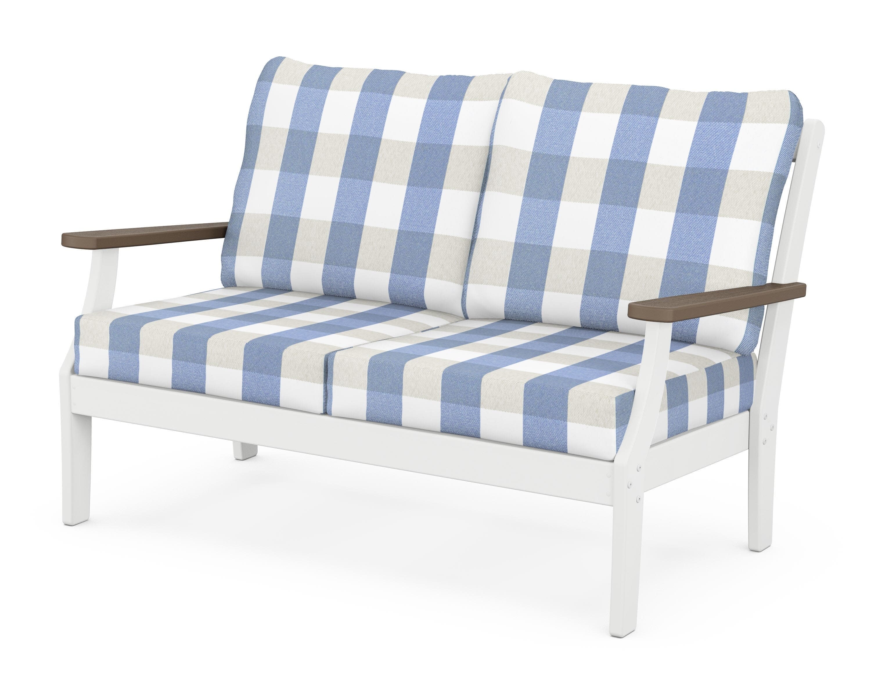 Braxton Deep Seating Loveseat in White / Kona / Buffalo Plaid Sky Blue