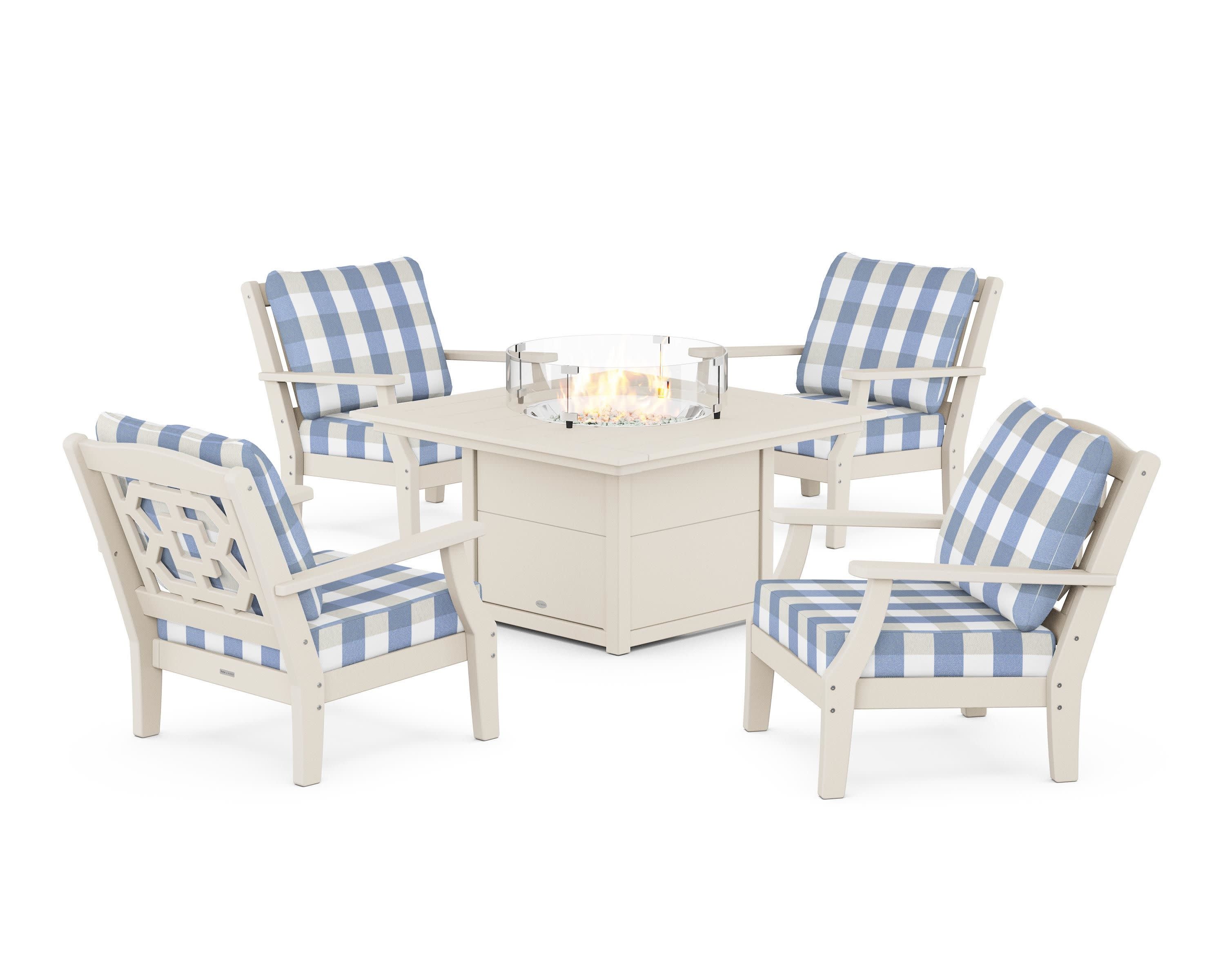 Chinoiserie 5-Piece Deep Seating Set with Fire Pit Table in Sand / Buffalo Plaid Sky Blue