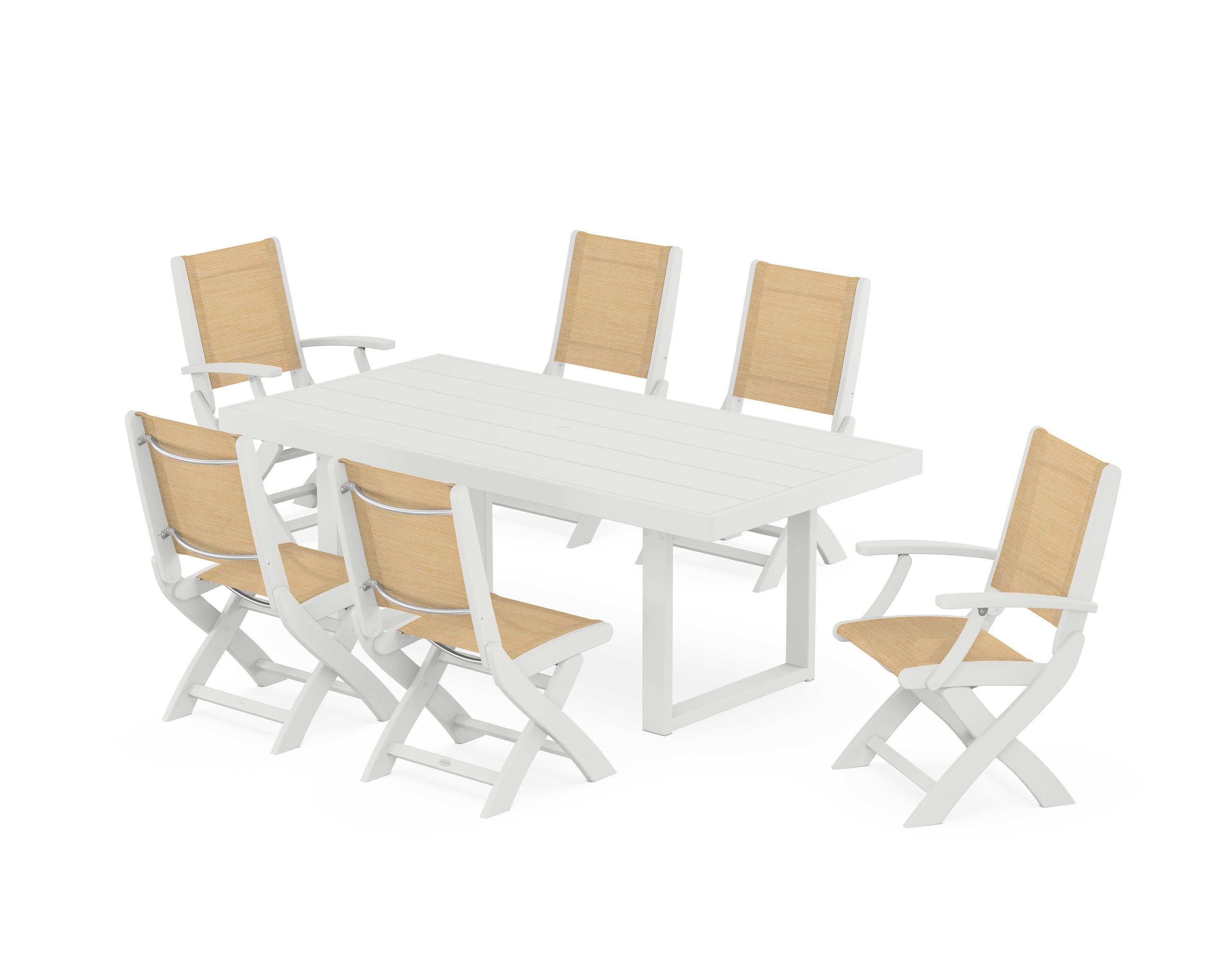 Coastal Folding Chair 7-Piece Dining Set with Trestle Legs in White / Dupioni Apricot Sling