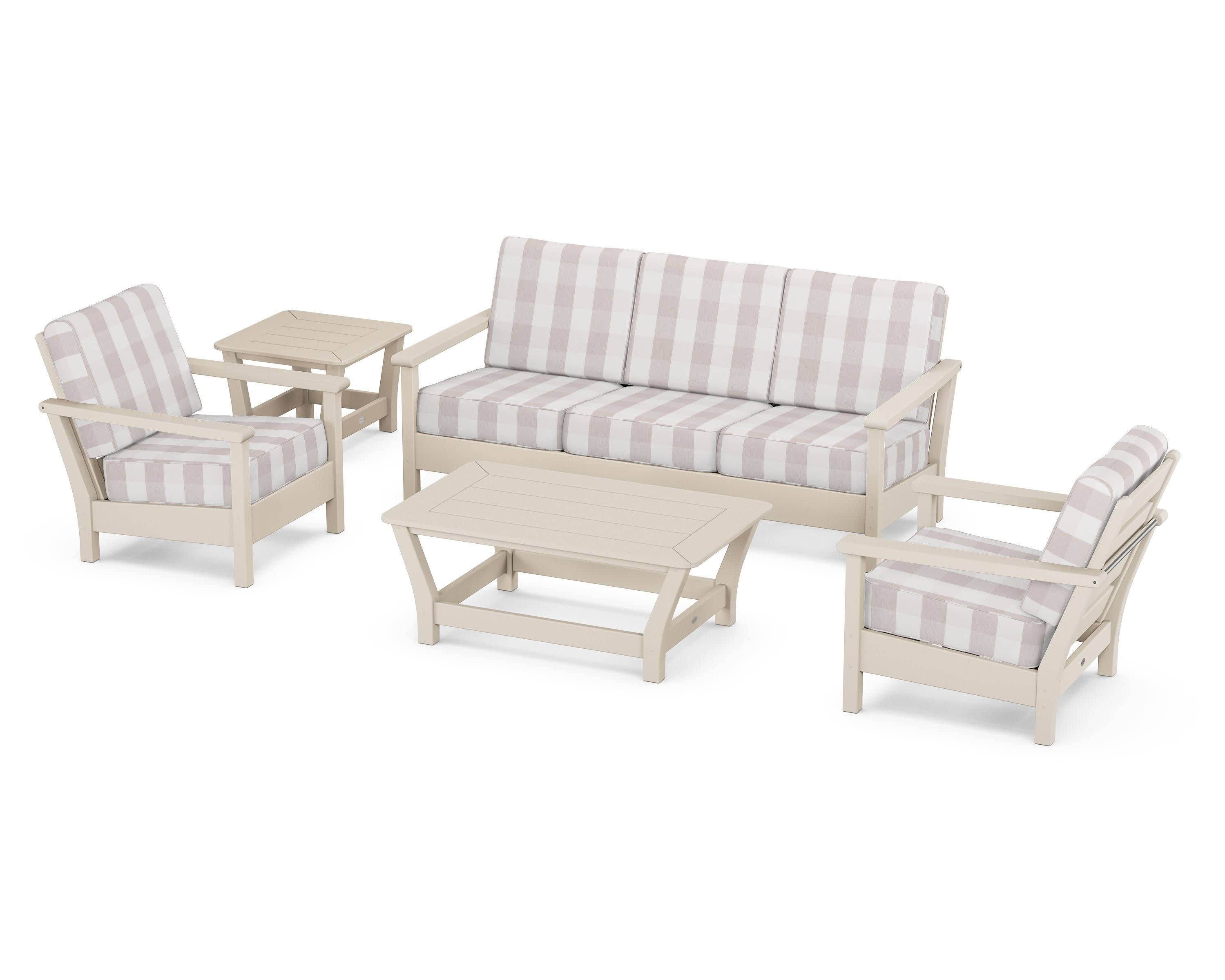 Harbour 5-Piece Deep Seating Set in Sand / Buffalo Plaid Dune Burlap