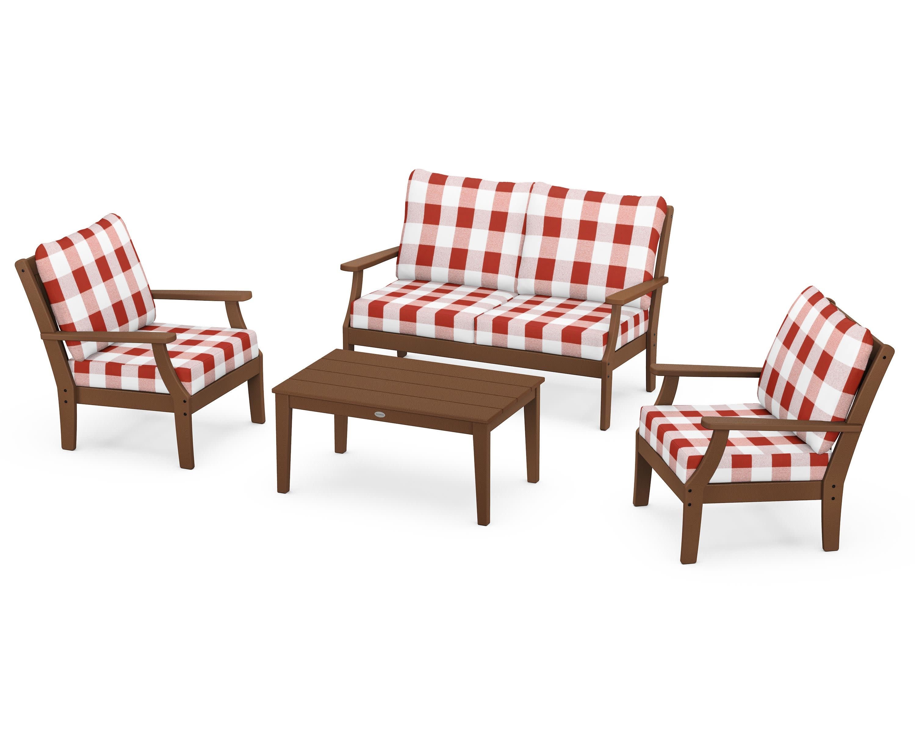 Braxton 4-Piece Deep Seating Chair Set in Teak / Buffalo Plaid Crimson