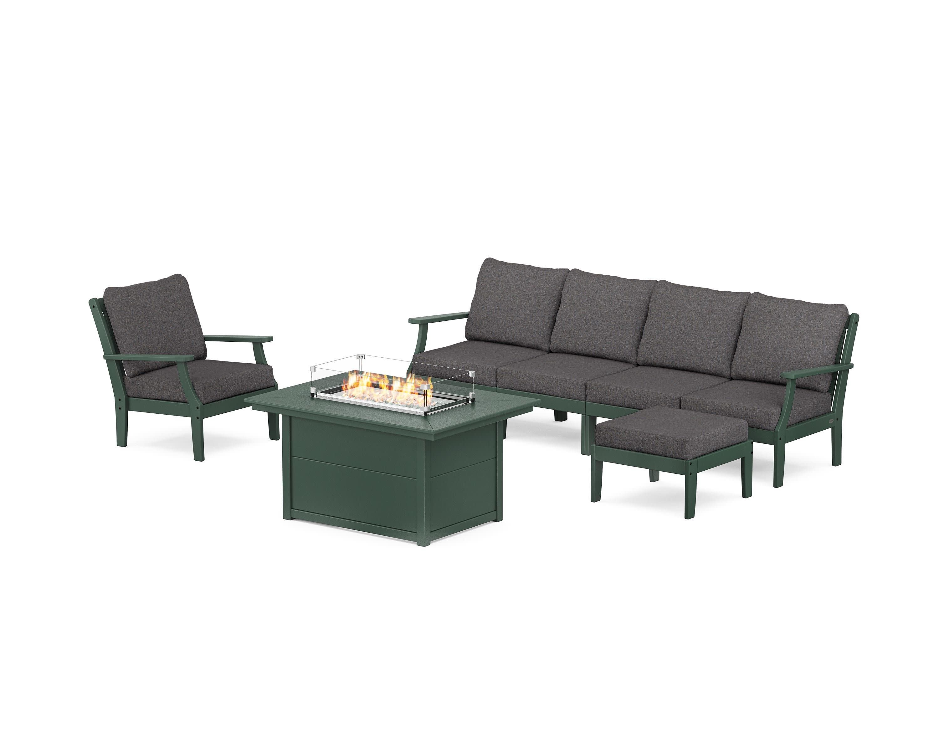 Braxton Sectional Lounge and Fire Pit Set in Green / Ash Charcoal