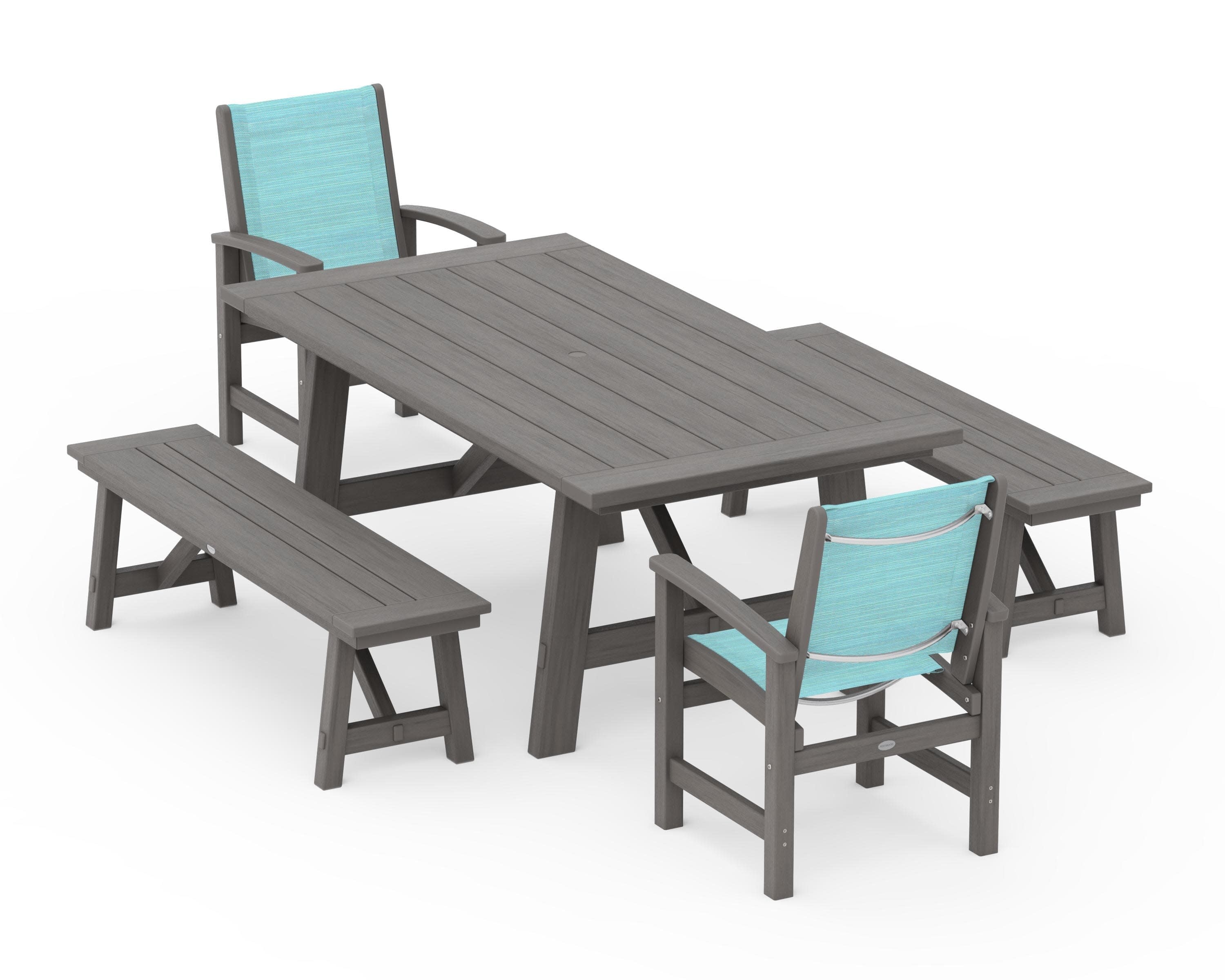 Coastal 5-Piece Rustic Farmhouse Dining Set With Benches in Driftwood / Dupioni Aquamarine Sling