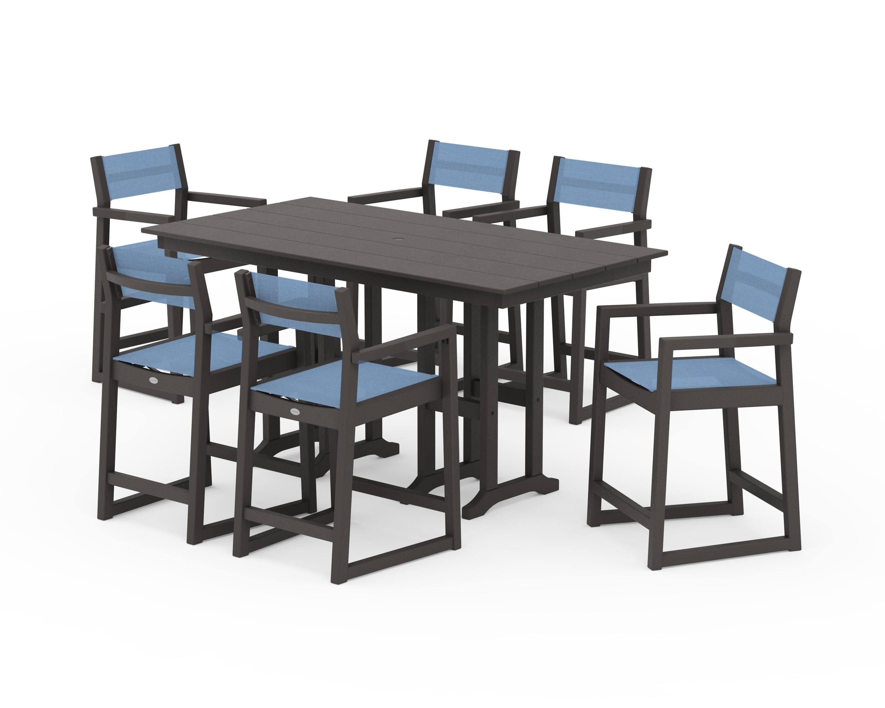 EDGE Sling Arm Chair 7-Piece Farmhouse Counter Set in Vintage Coffee / Poolside Sling