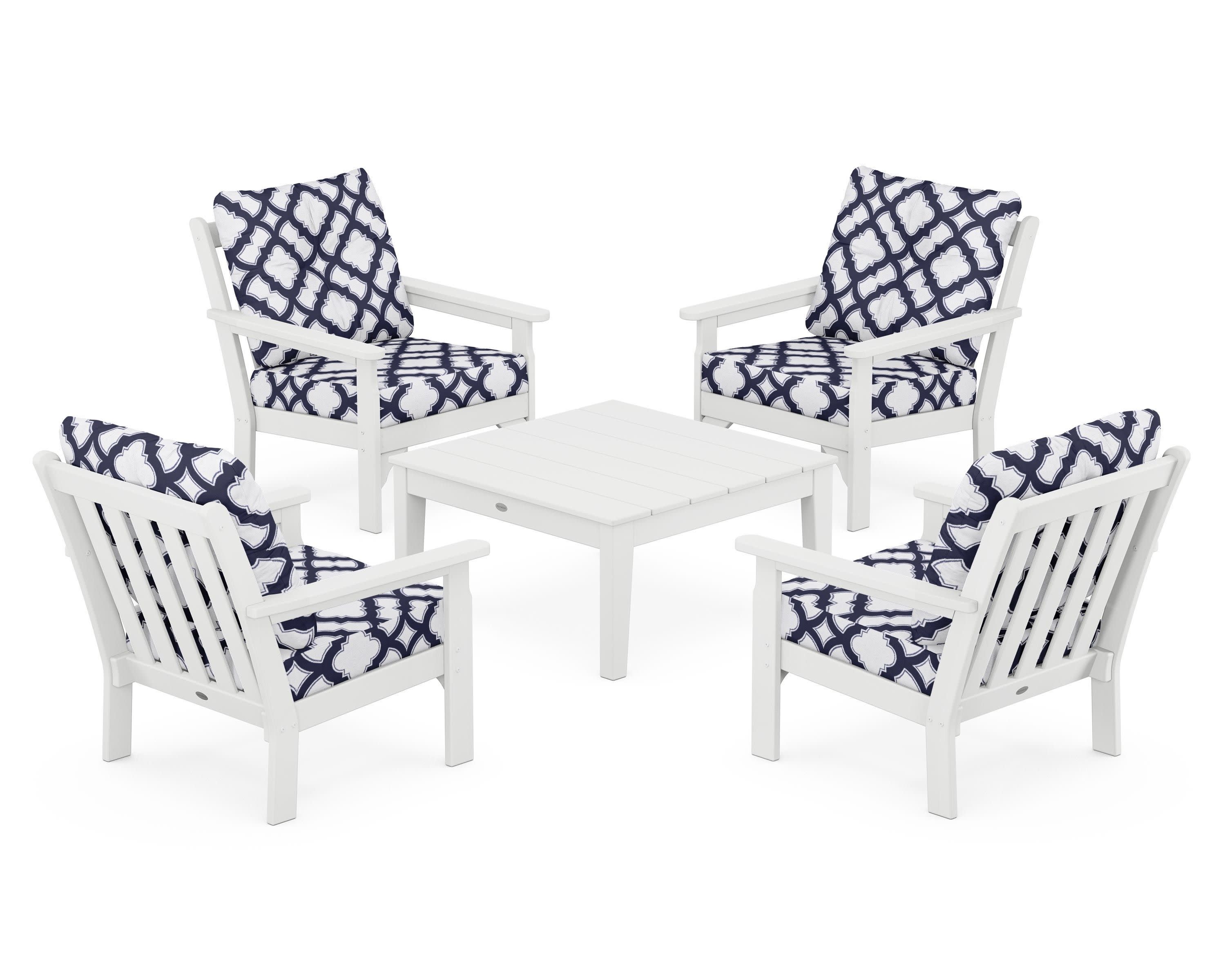 Vineyard 5-Piece Deep Seating Conversation Set in White / Trellis Navy