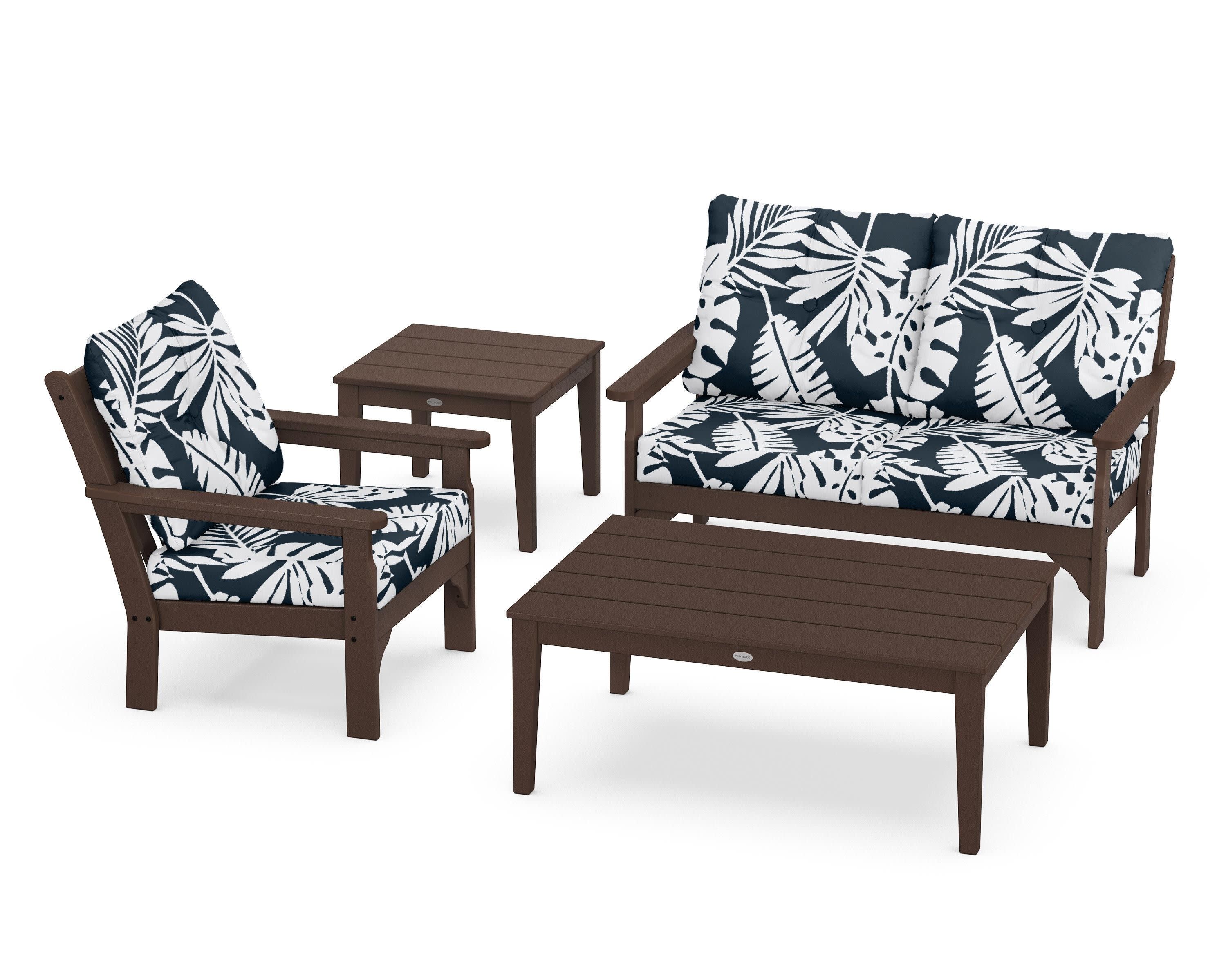 Vineyard 4-Piece Deep Seating Set in Mahogany / Leaf Marine Indigo