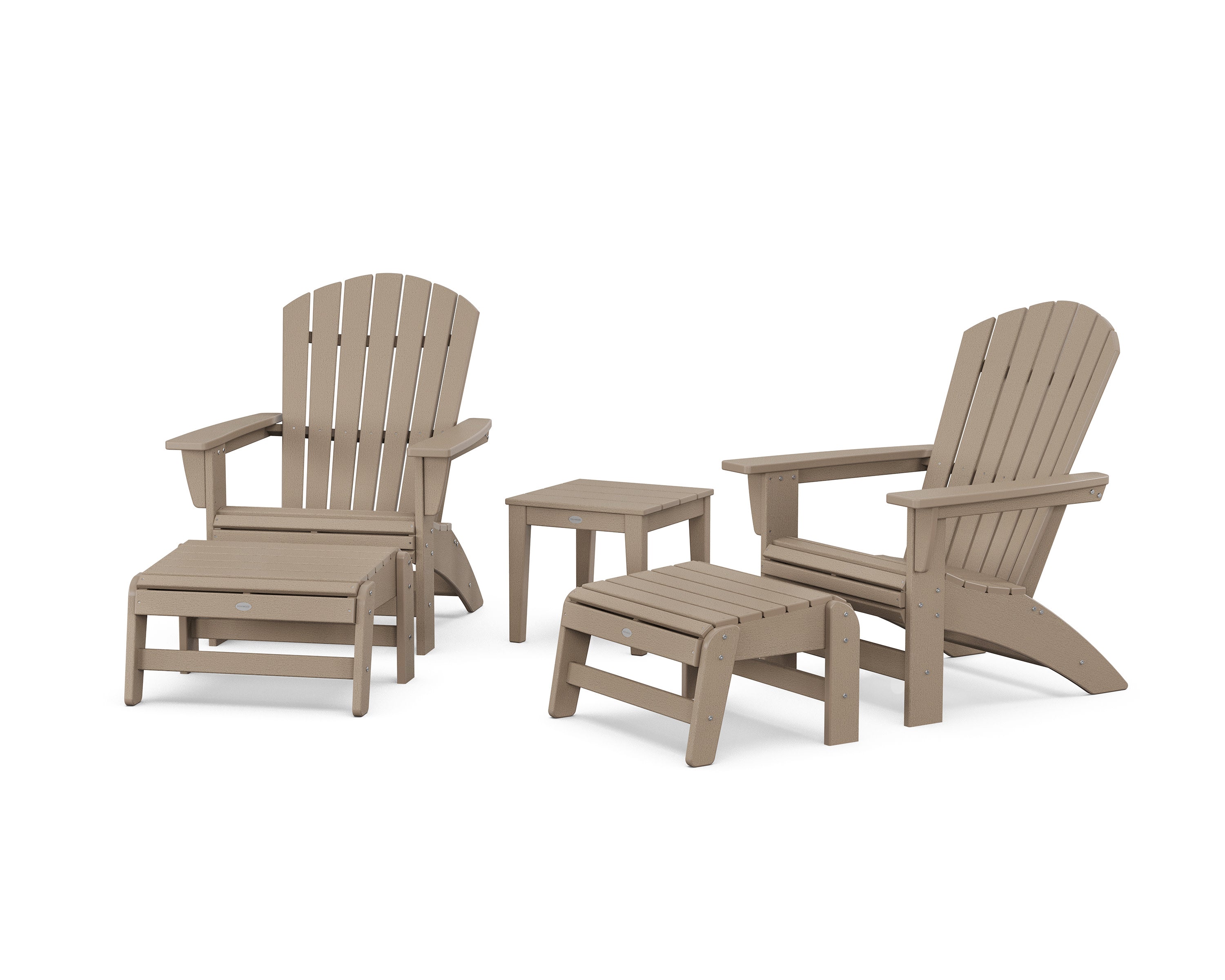 5-Piece Nautical Grand Adirondack Set with Ottomans and Side Table in Vintage Sahara
