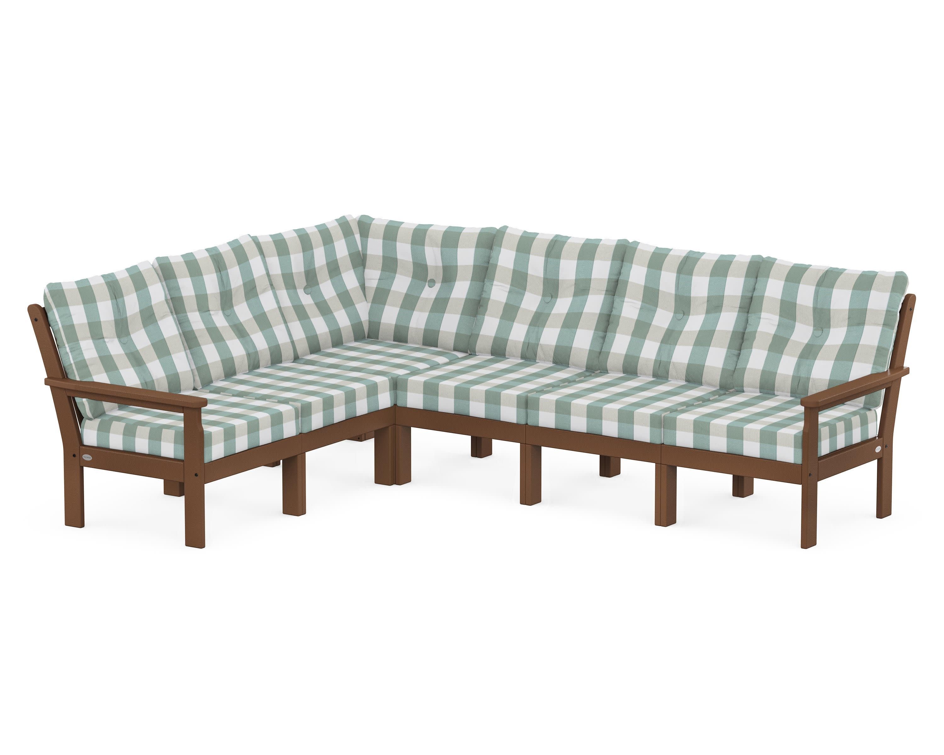 Vineyard 6-Piece Sectional in Teak / Buffalo Plaid Glacier Spa