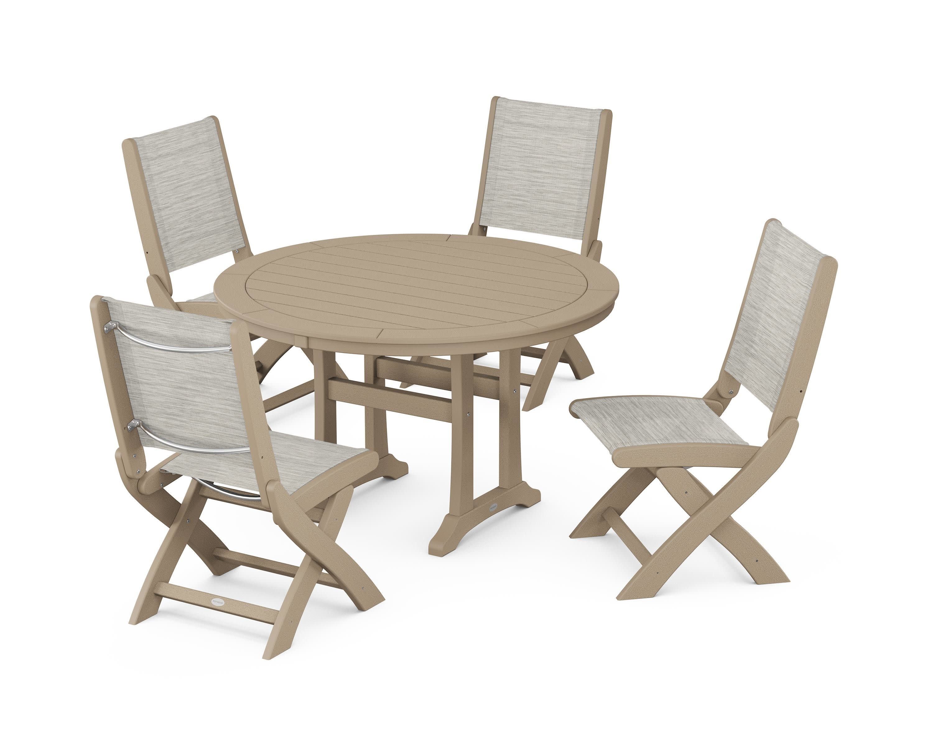 Coastal Folding Side Chair 5-Piece Round Dining Set With Trestle Legs in Vintage Sahara / Birch Sling