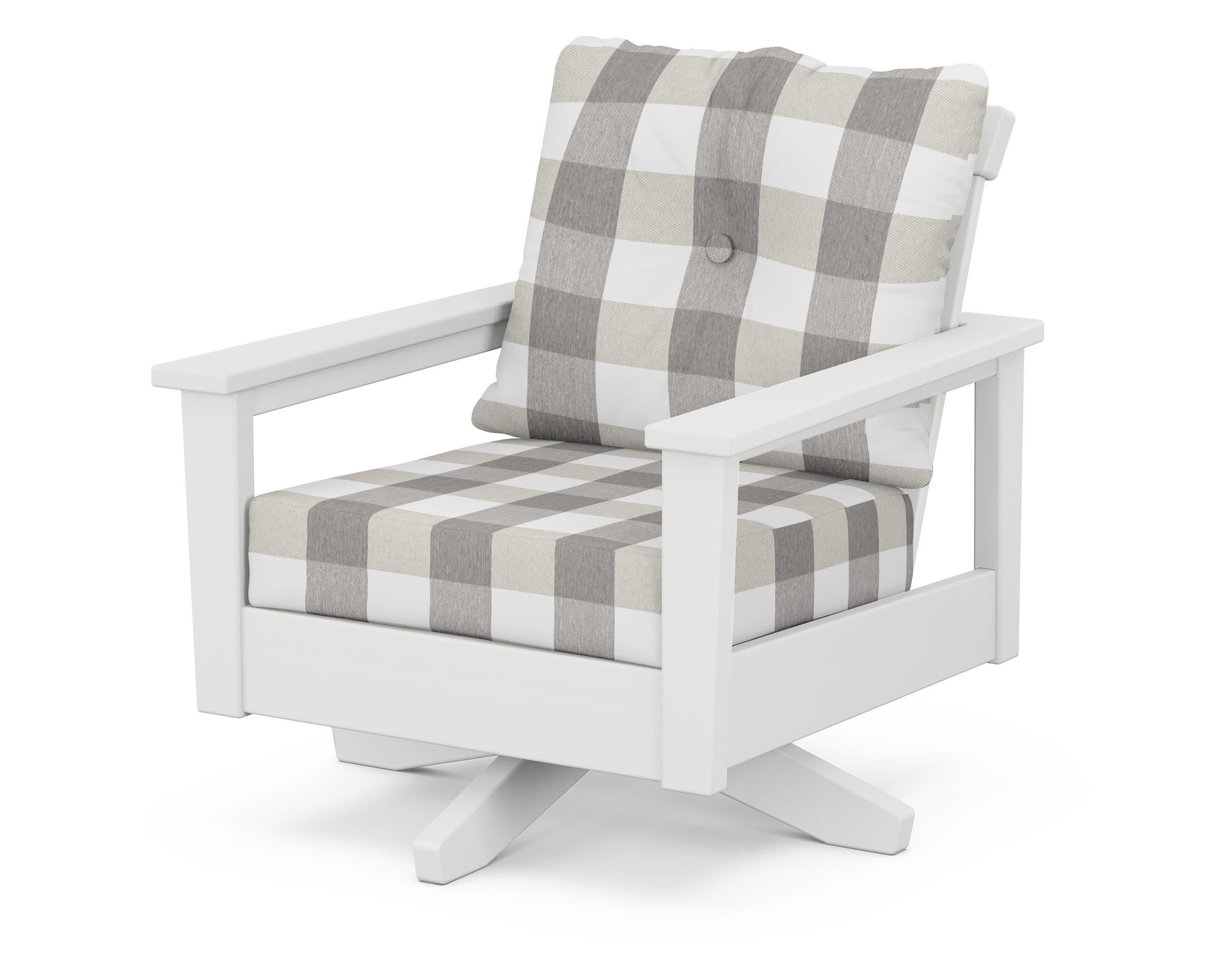 Prescott Deep Seating Swivel Chair in White / Buffalo Plaid Grey Mist