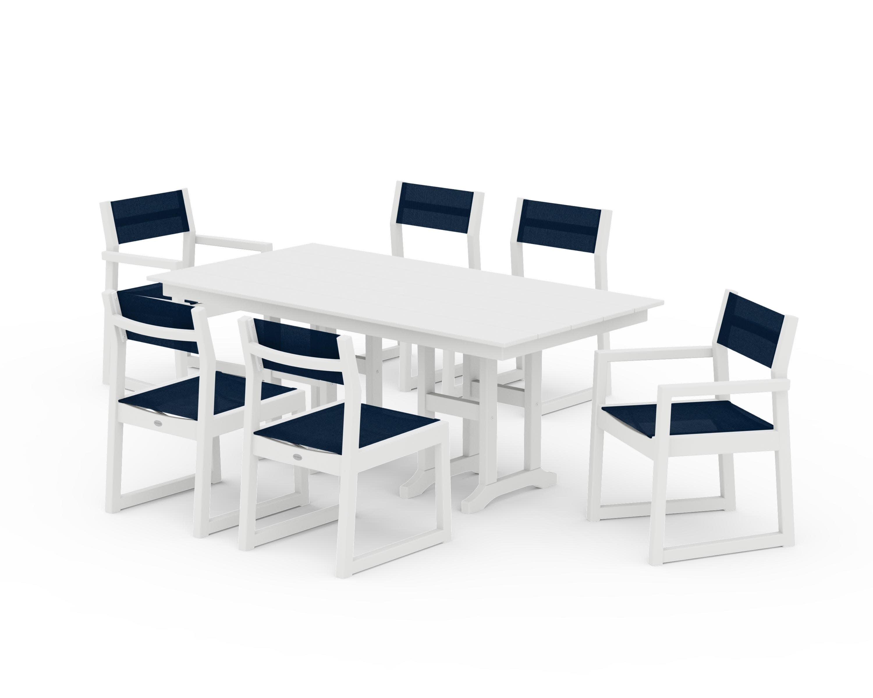 EDGE Sling 7-Piece Farmhouse Dining Set in White / Navy Blue Sling