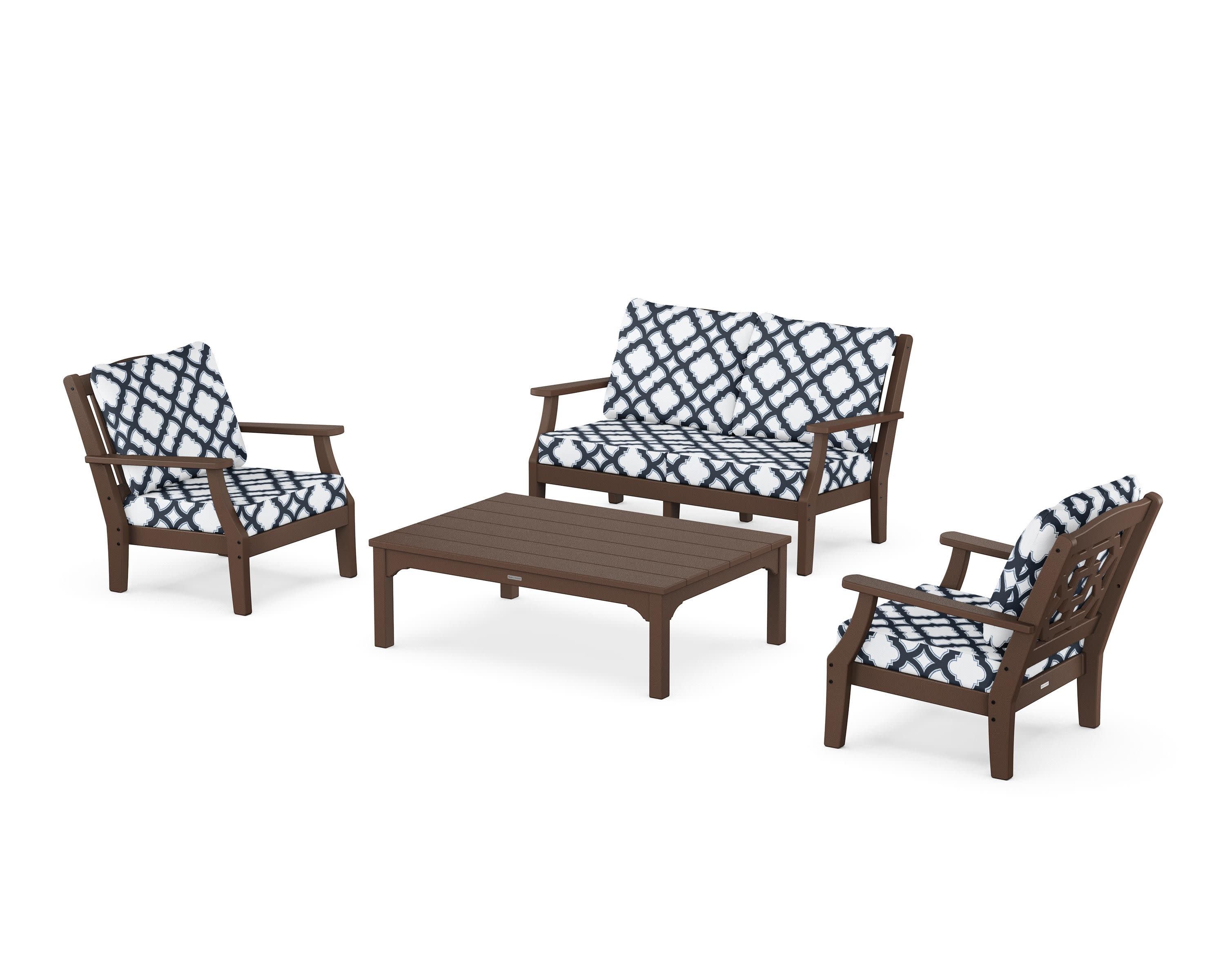 Chinoiserie 4-Piece Deep Seating Set with Loveseat in Mahogany / Trellis Marine Indigo