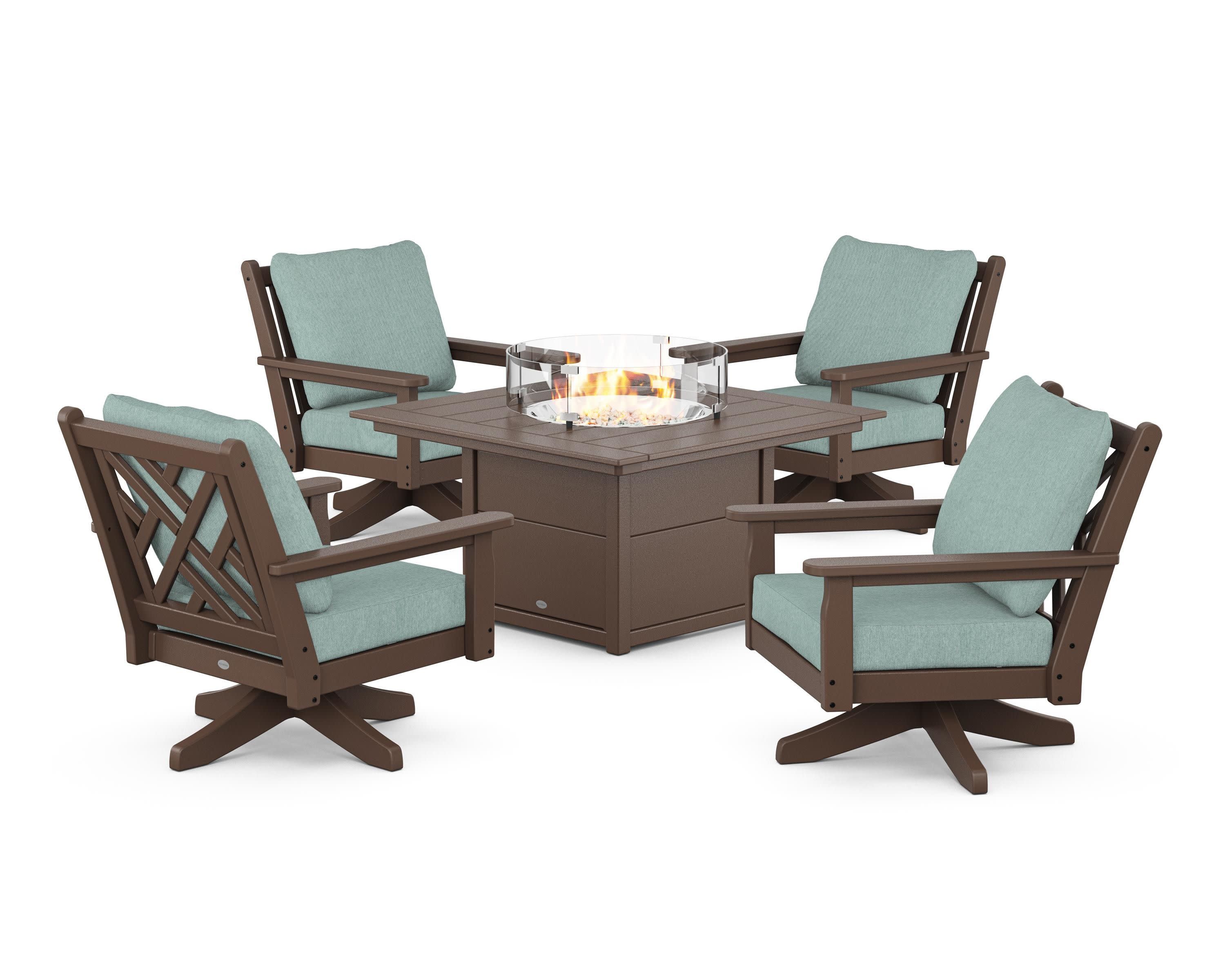 Chippendale 5-Piece Deep Seating Swivel Conversation Set with Fire Pit Table in Mahogany / Glacier Spa