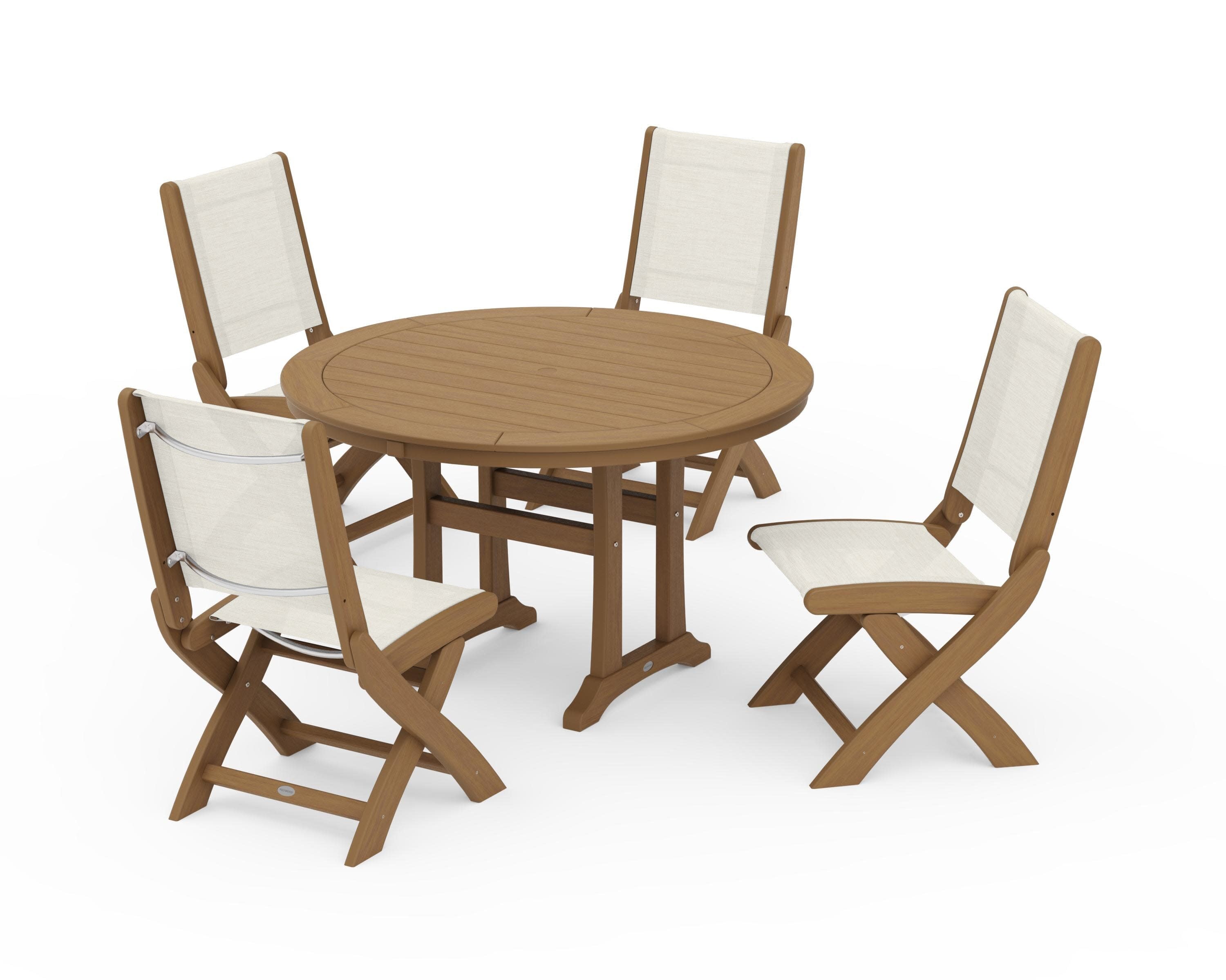 Coastal Folding Side Chair 5-Piece Round Dining Set With Trestle Legs in Natural / Parchment Sling