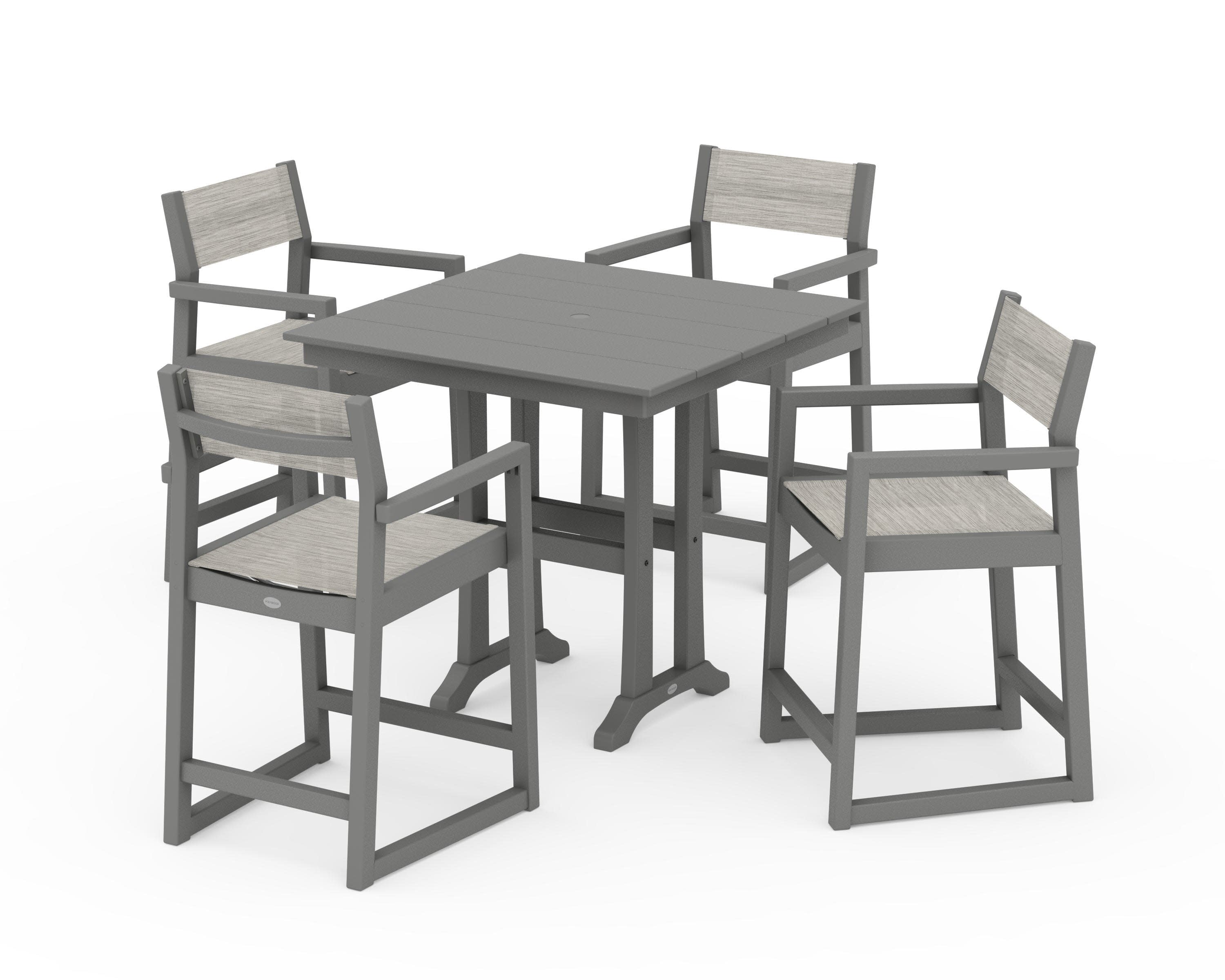 EDGE Sling Arm Chair 5-Piece Farmhouse Counter Set with Trestle Legs in Slate Grey / Birch Sling