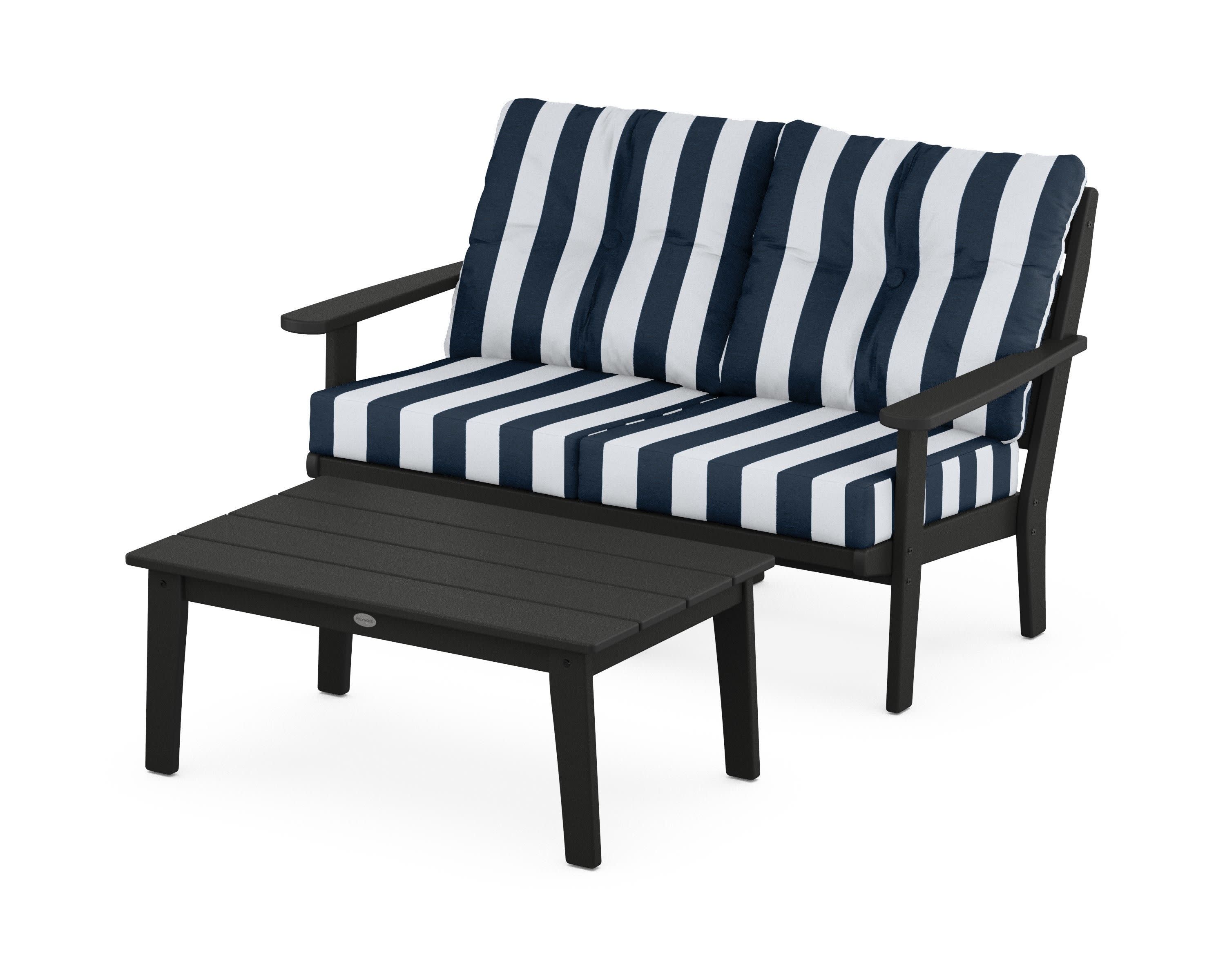 Lakeside 2-Piece Lounge Loveseat Set in Black / Cabana Stripe Marine Indigo