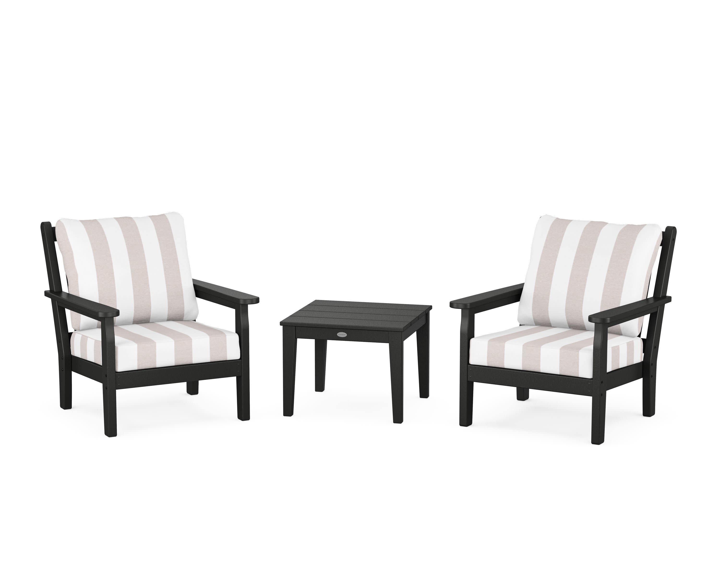 Chippendale 3-Piece Deep Seating Set in Black / Cabana Stripe Dune Burlap