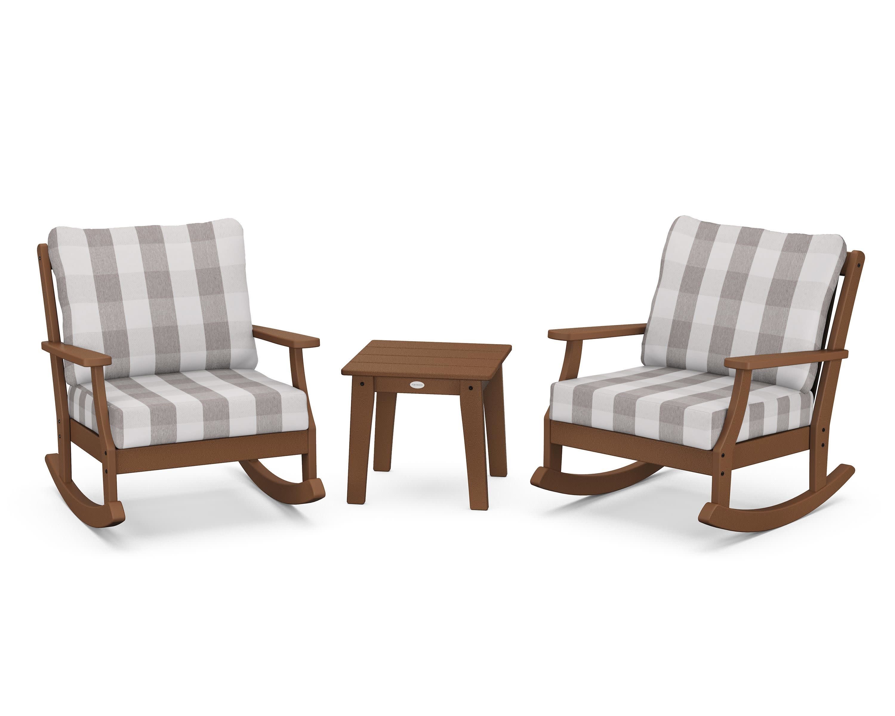 Braxton 3-Piece Deep Seating Rocker Set in Teak / Buffalo Plaid Grey Mist