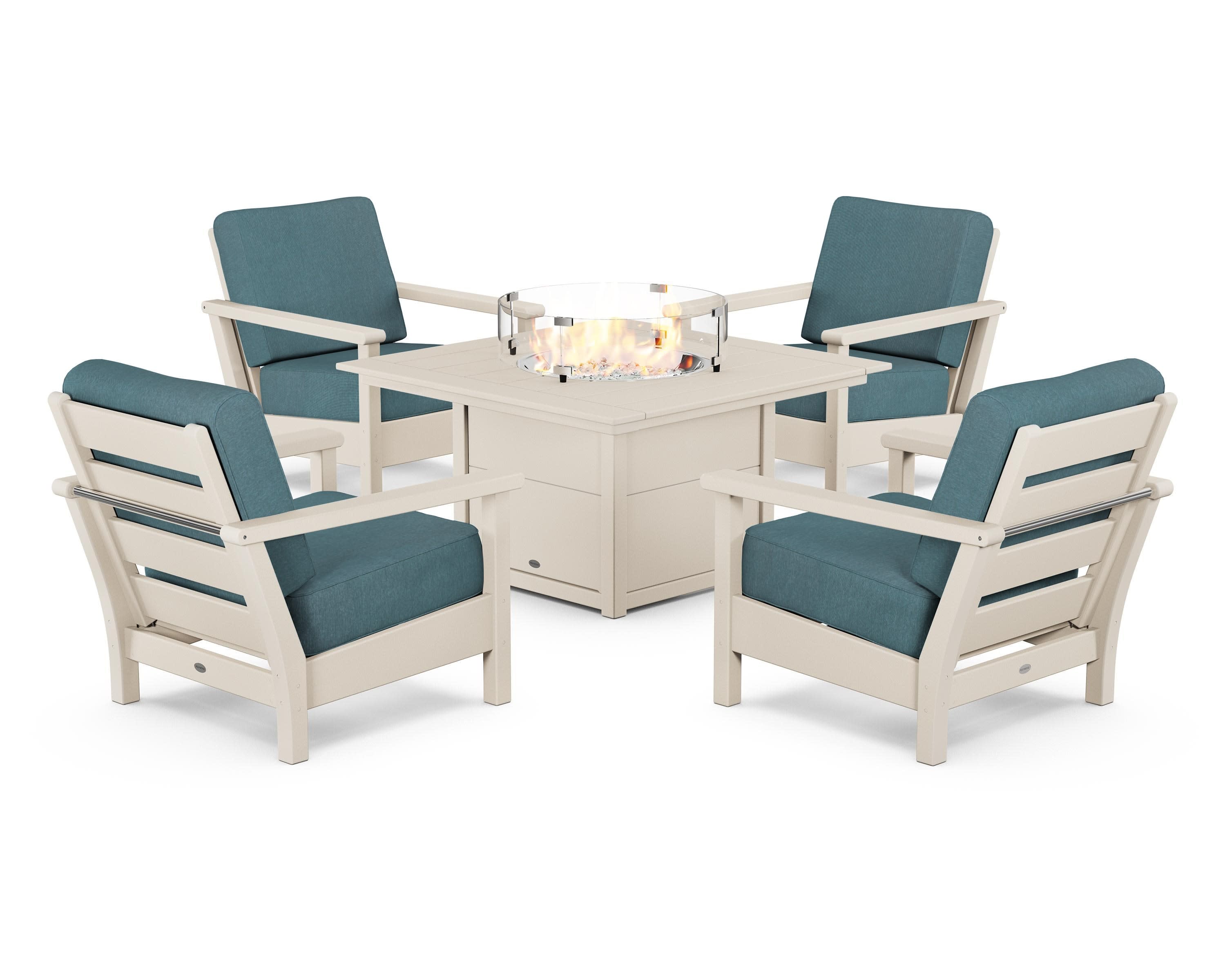 Harbour 5-Piece Conversation Set with Fire Pit Table in Sand / Ocean Teal