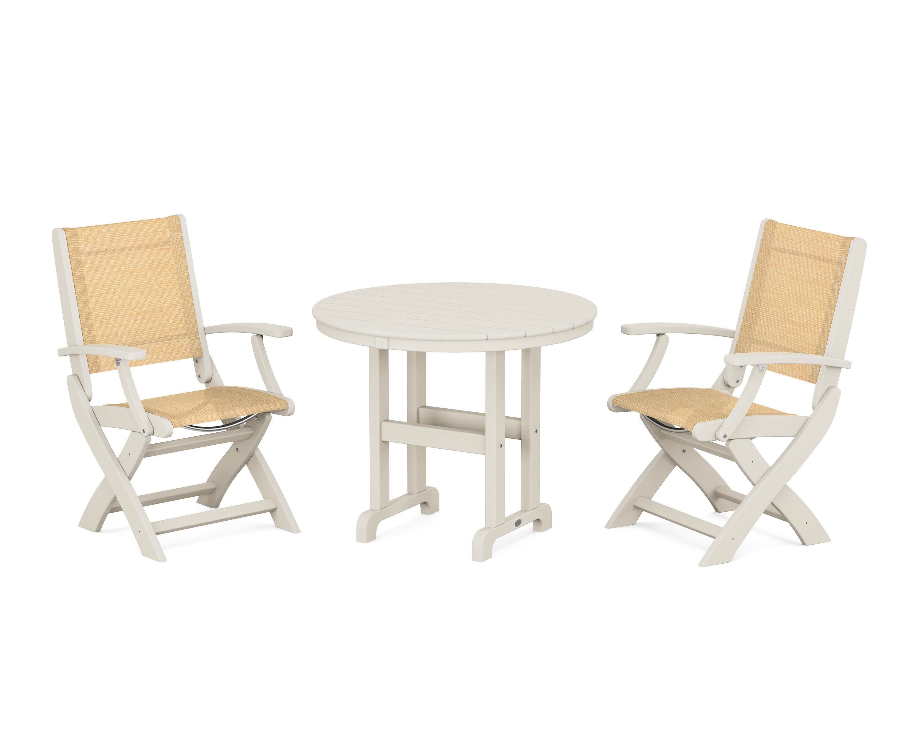 Coastal Folding Chair 3-Piece Round Dining Set in Sand / Dupioni Apricot Sling