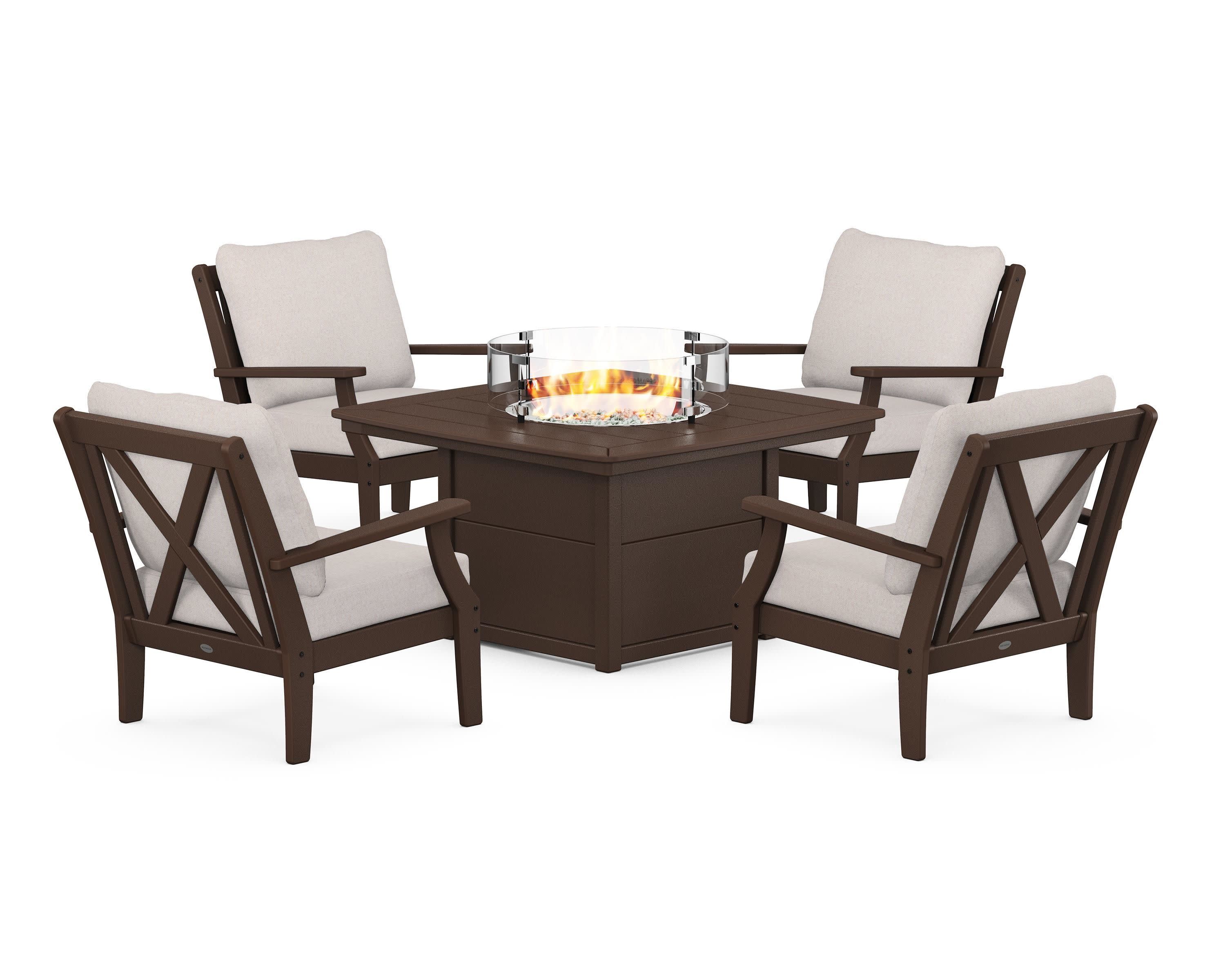 Braxton 5-Piece Deep Seating Conversation Set with Fire Pit Table in Mahogany / Dune Burlap