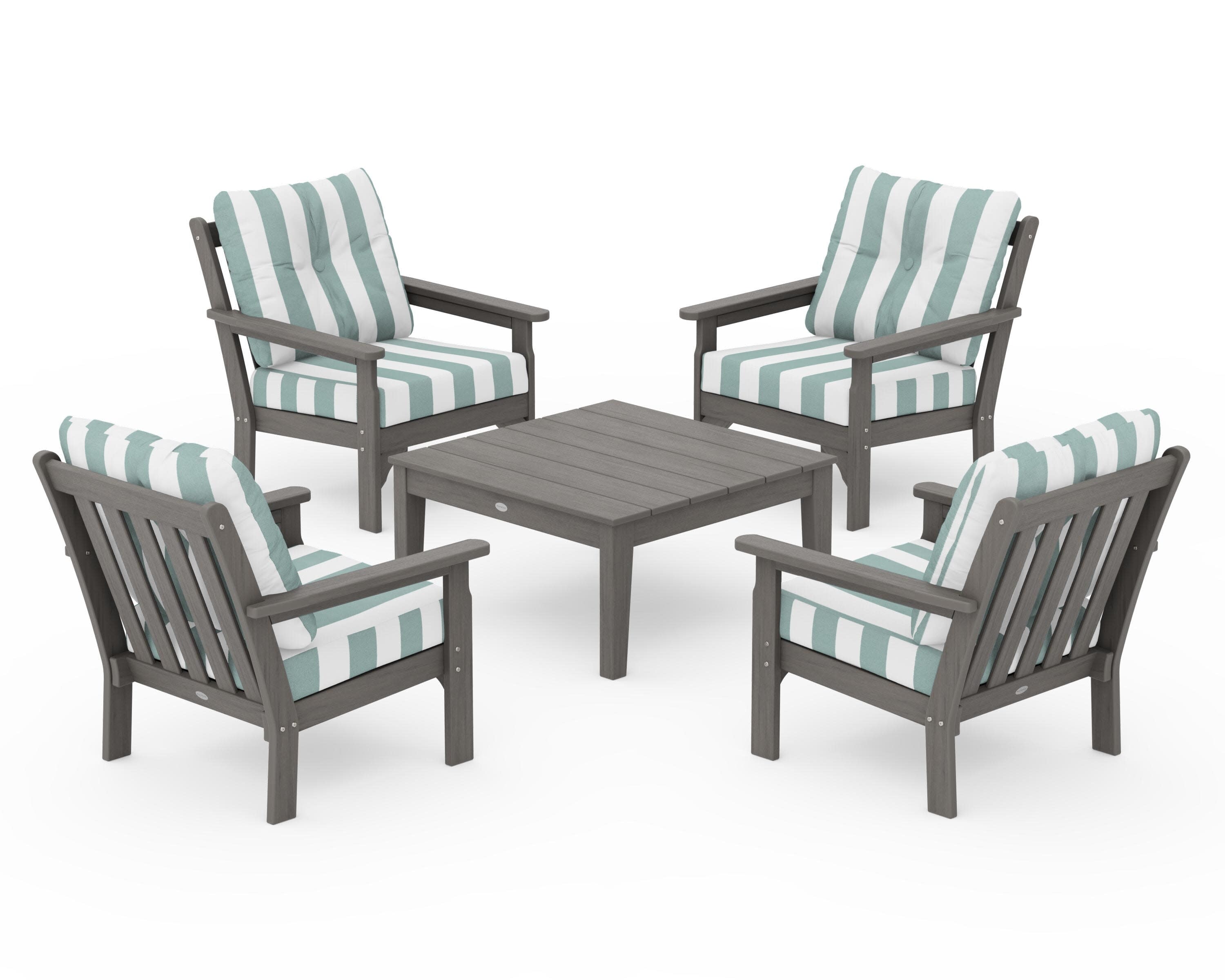 Vineyard 5-Piece Deep Seating Conversation Set in Driftwood / Cabana Stripe Glacier Spa