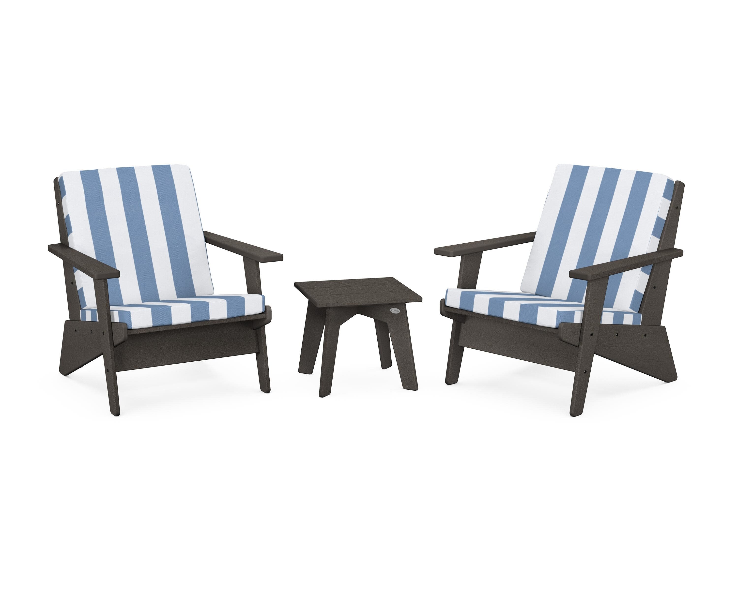 Riviera Modern Lounge 3-Piece Set in Vintage Coffee / Cabana Stripe Sky Blue
