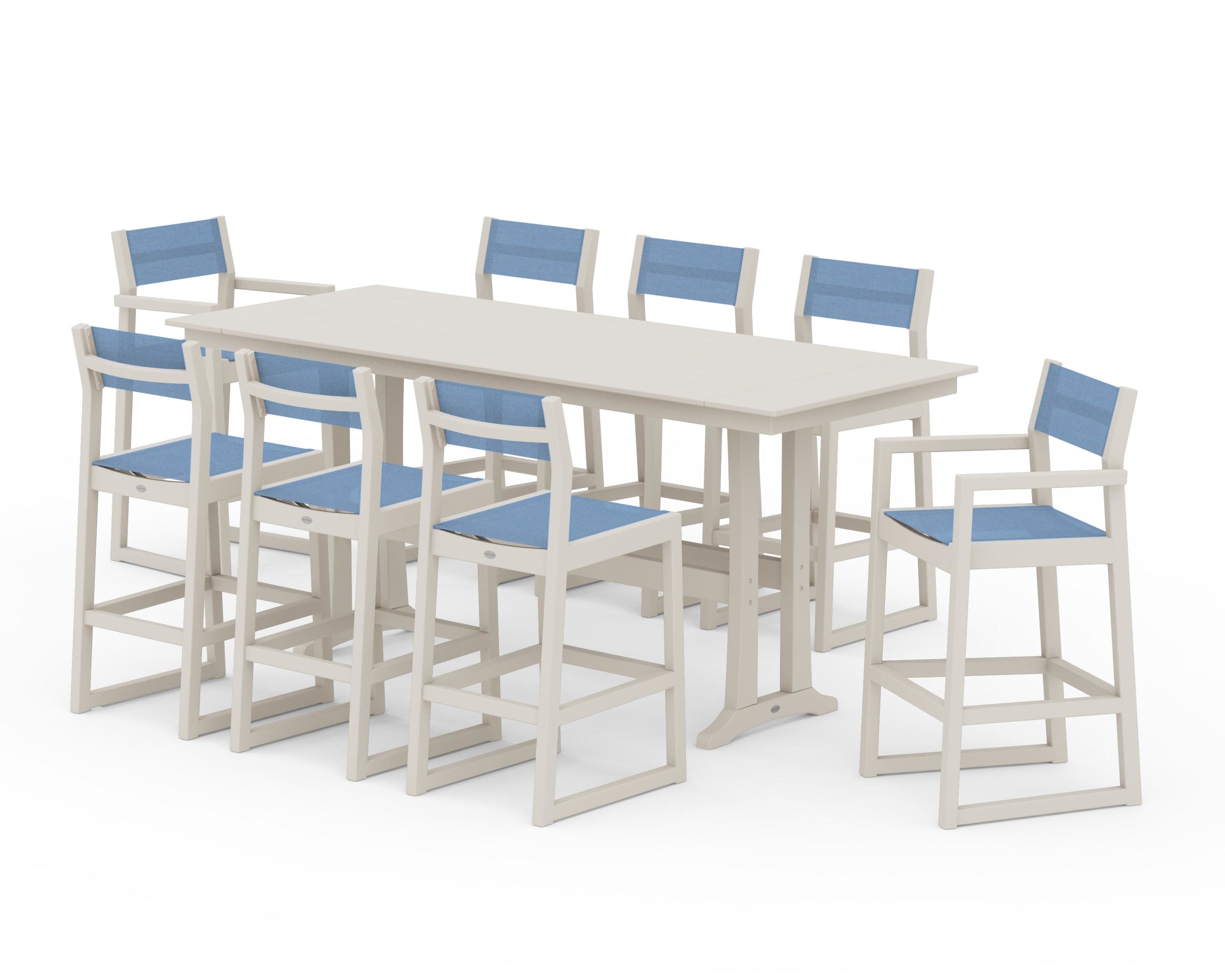 EDGE Sling 9-Piece Farmhouse Bar Set with Trestle Legs in Sand / Poolside Sling